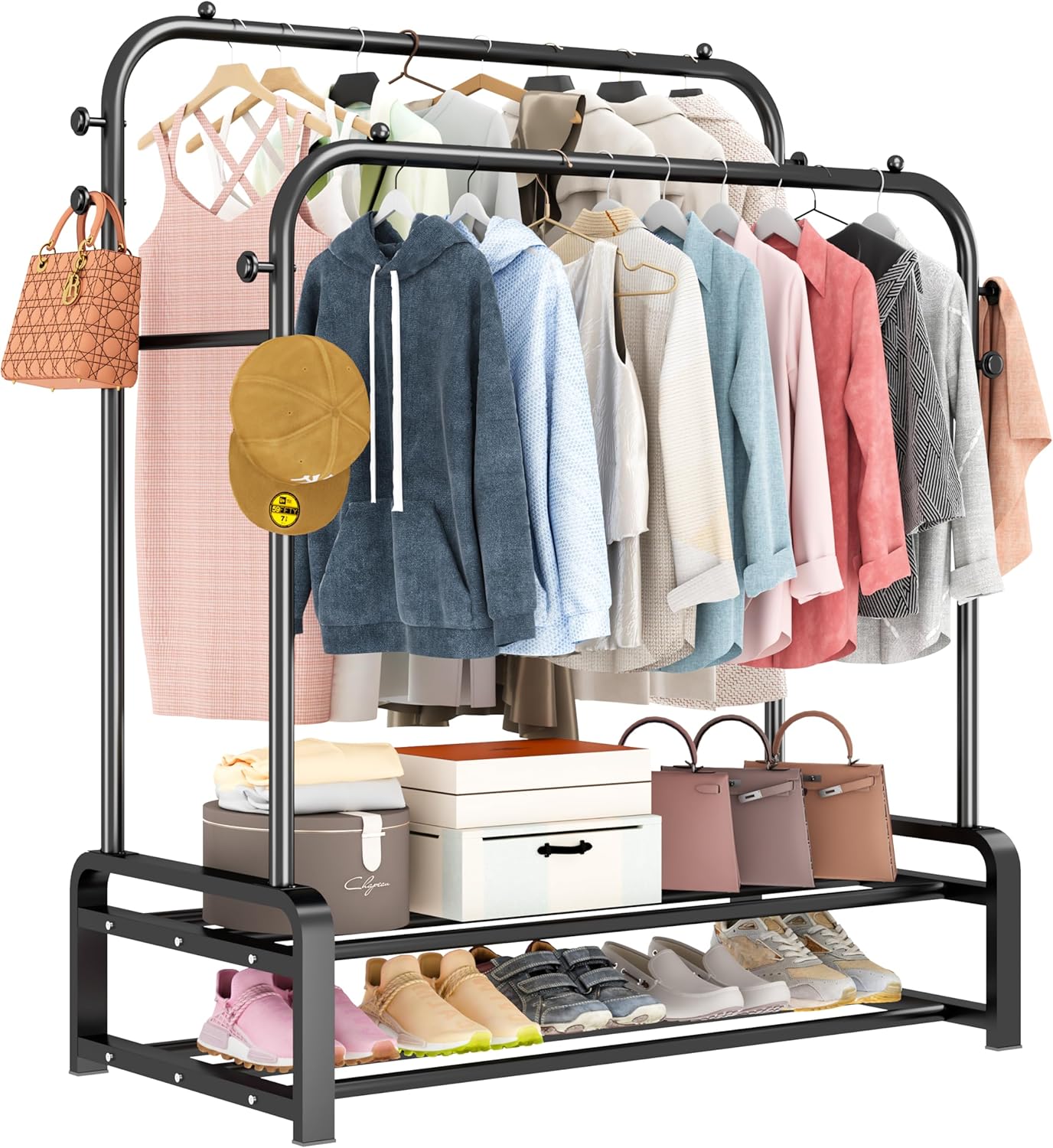 SMILOVII Perchero independiente multifuncional con perchero de diseño de doble varilla, 8 ganchos y 2 zapateros, para perchero de dormitorio-negro