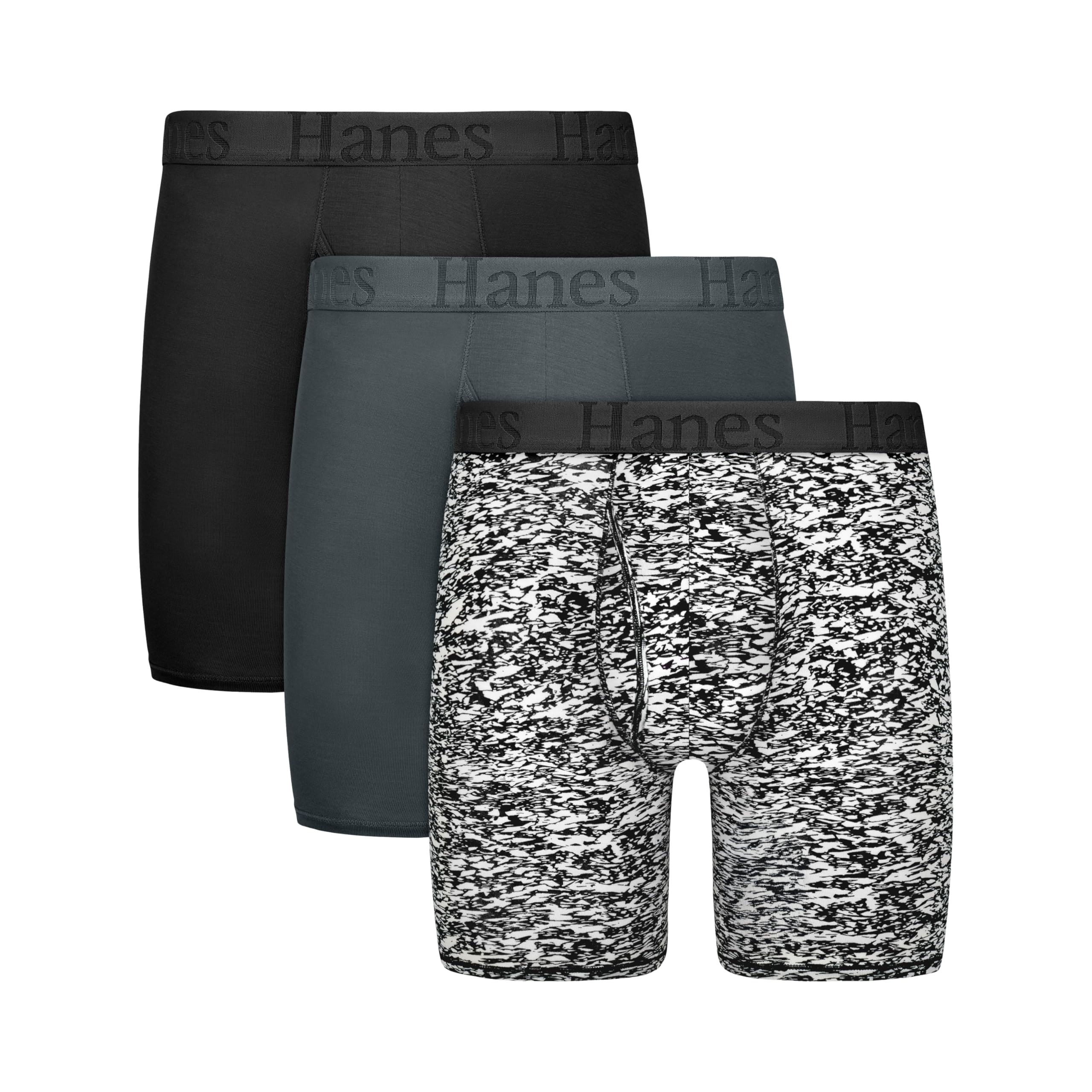 Hanes Men's Underwear, SuperSoft Viscose from Bamboo, 3-Pack, Sexy Men's Underwear, Short or Regular- Leg Boxer Briefs Regular Leg- 5.5" Inseam Black/Grey Large