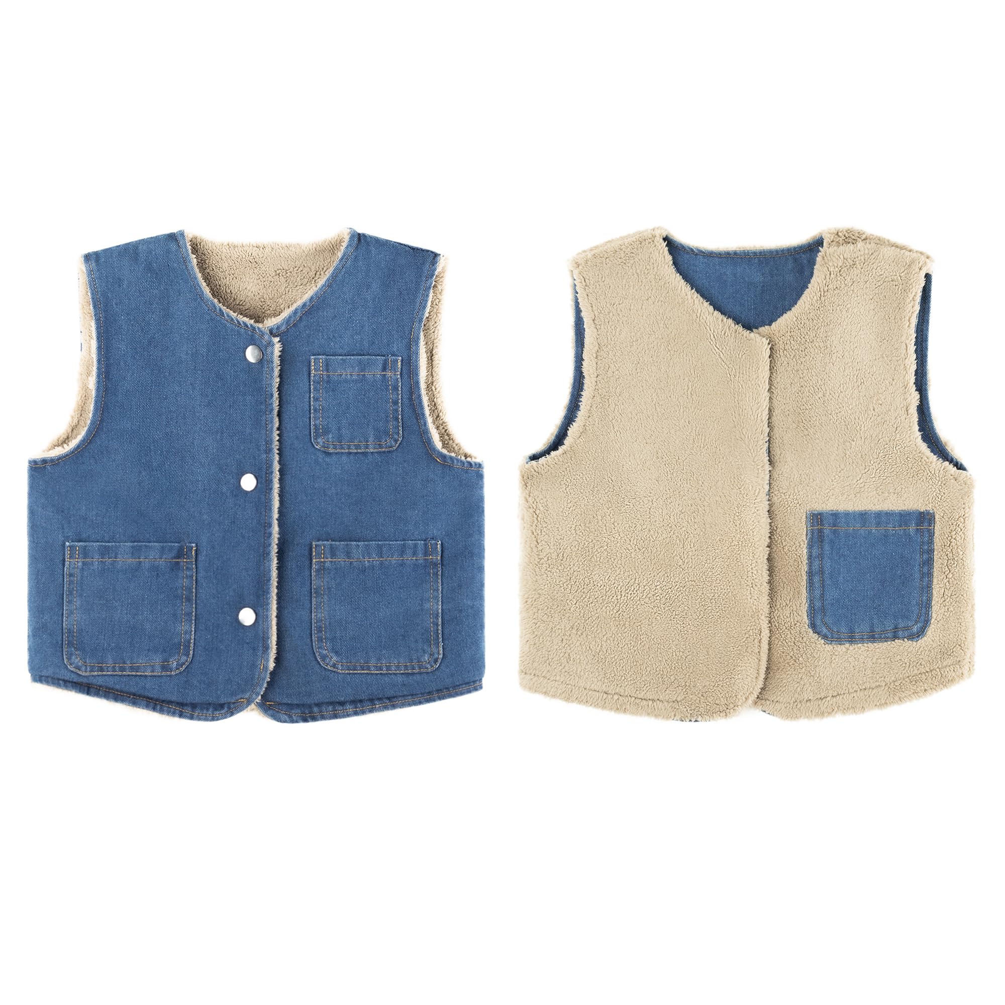 Bébé Double Face Gilet Épaissi Denim Enfant Hiver Sans Manches Veste Garçons Filles Chaud Bouton Pression Manteau avec Poches