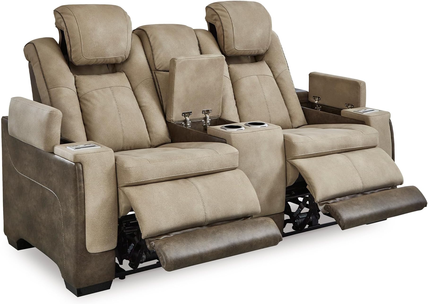Signature Design by Ashley Next-Gen DuraPella Power Reclining Loveseat with Console & Adjustable Headrest, USB Charging, Faux Leather, 75" W x 39.5" D x 43" H, Sand