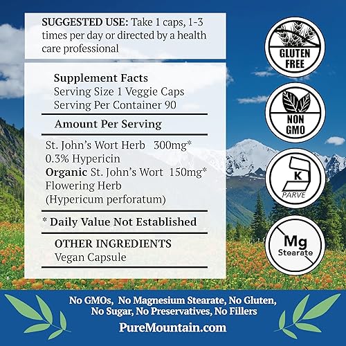 Miniatura 2 de Pure Mountain Botanicals Cápsulas de hierba de San Juan con fórmula de 450 mg de hierba orgánica y suplemento de extracto de hierba de San Juan