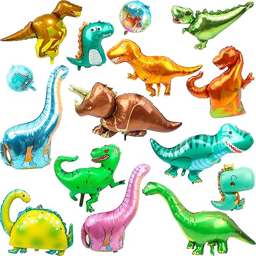 Paquete de 15 globos de dinosaurio grandes de aluminio para suministros de fiesta de cumpleaños, decoraciones de fiesta de dinosaurios