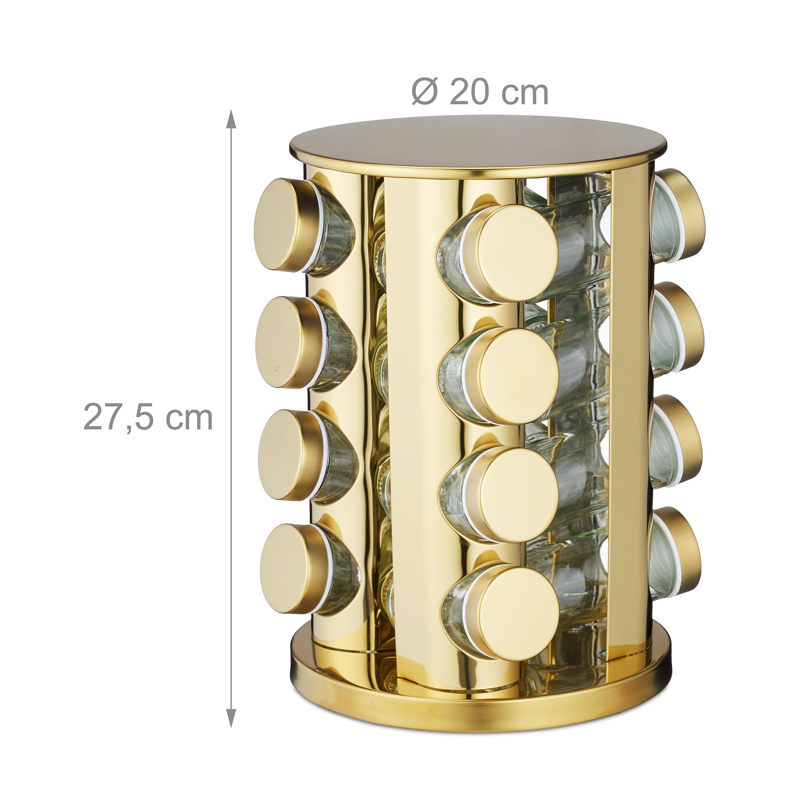 Relaxdays Tourniquet à épices, Acier Inoxydable, 16 Pots en Verre, Rotatif à 360°, HxD : 27,5 x 20 cm, doré