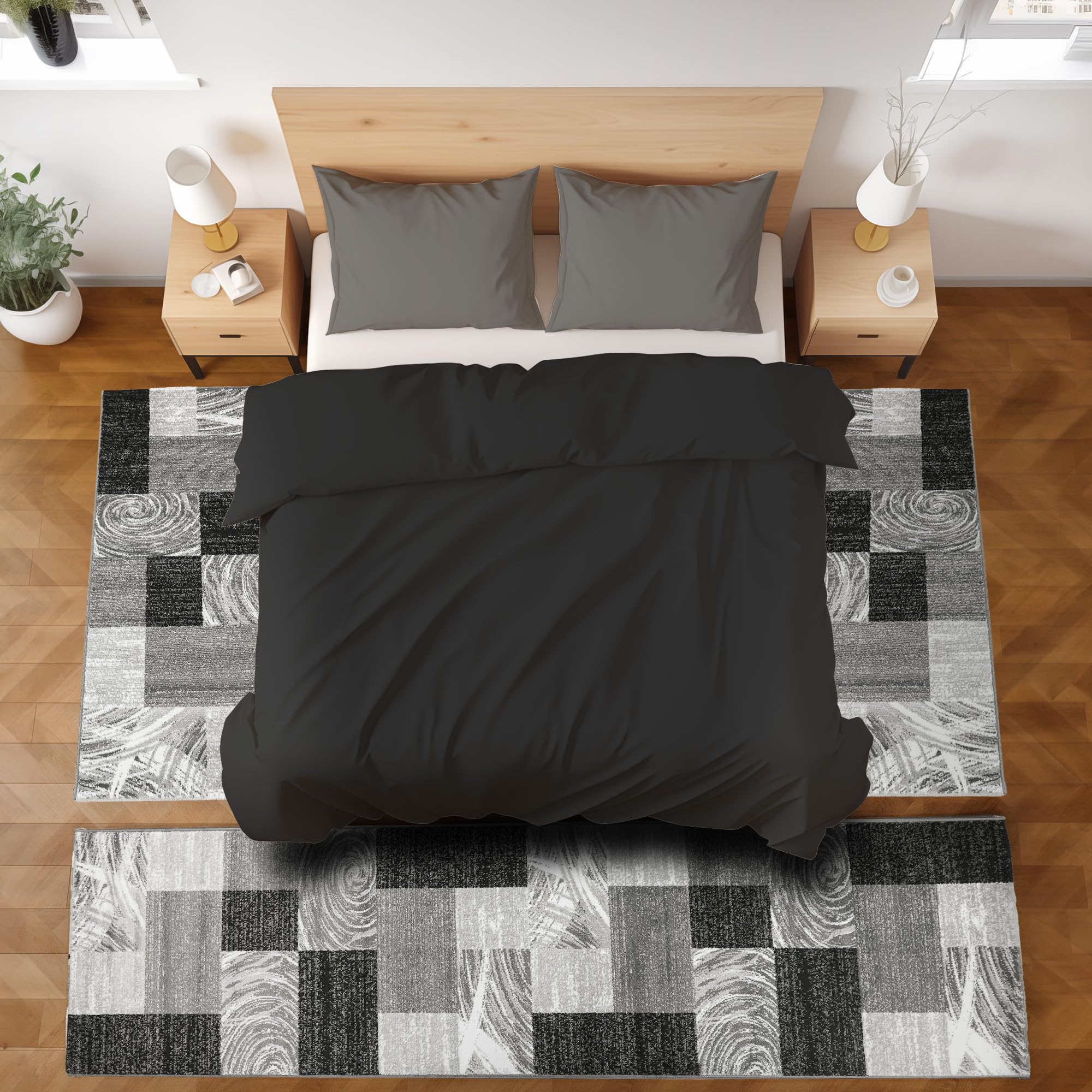SIMPEX Bettumrandung Schlafzimmer 3teilig Teppich Waschbarer Läufer Set Bettläufer Bettvorleger 3 Teilig Karierter Teppich Küchen Teppiche Pflegeleicht Bettset: 2 mal 80X150+1 mal 80X300 Schwarz