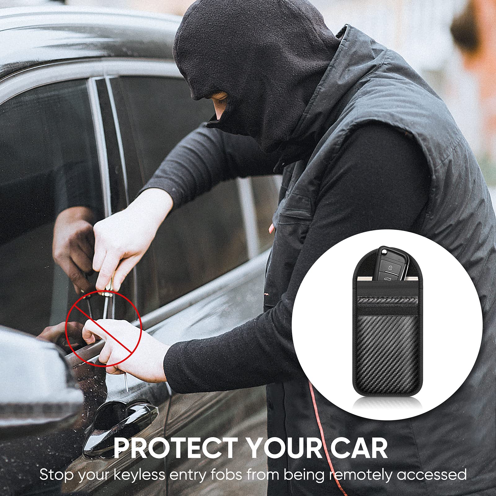 Custodia Fintie Keyless Go Blocca Segnale RFID Per Chiavi Auto - 2 Pezzi Con Moschettone - 3