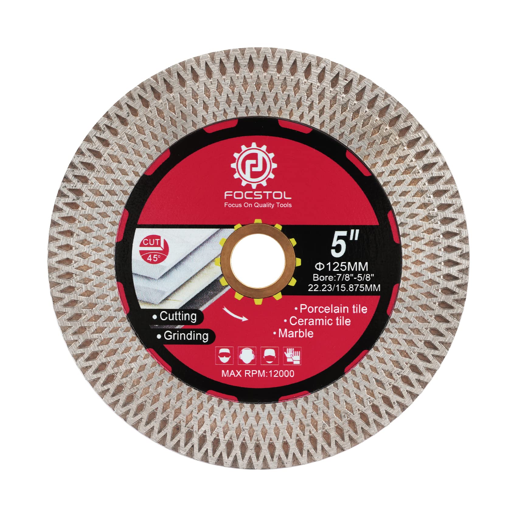 FOCSTOL Disque Diamant Carrelage - 125mm x 22,23mm Double Face Coupe Meulage Lame Scie Diamant pour Porcelaine Céramique Marbre Granit Artificielle Pierre avec X Mesh Jante