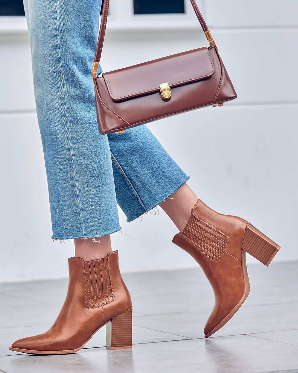 Womens Booties Pointed Toe Stacked Heel Fashion Chelsea Ankle Boots - Image 4