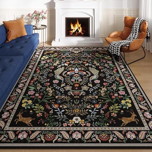 Living Room Rug 6x9 Rug Machine Washable Area Rug Floral Non-Slip Low Pile Large Rug for Living Room, Bedroom, Farmhouse, Dining Room, Kids Playroom (Vibrant Black)