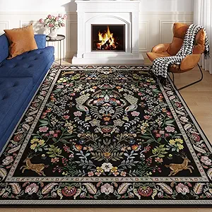 Living Room Rug 6x9 Rug Machine Washable Area Rug Floral Non-Slip Low Pile Large Rug for Living Room, Bedroom, Farmhouse, Dining Room, Kids Playroom (Vibrant Black)