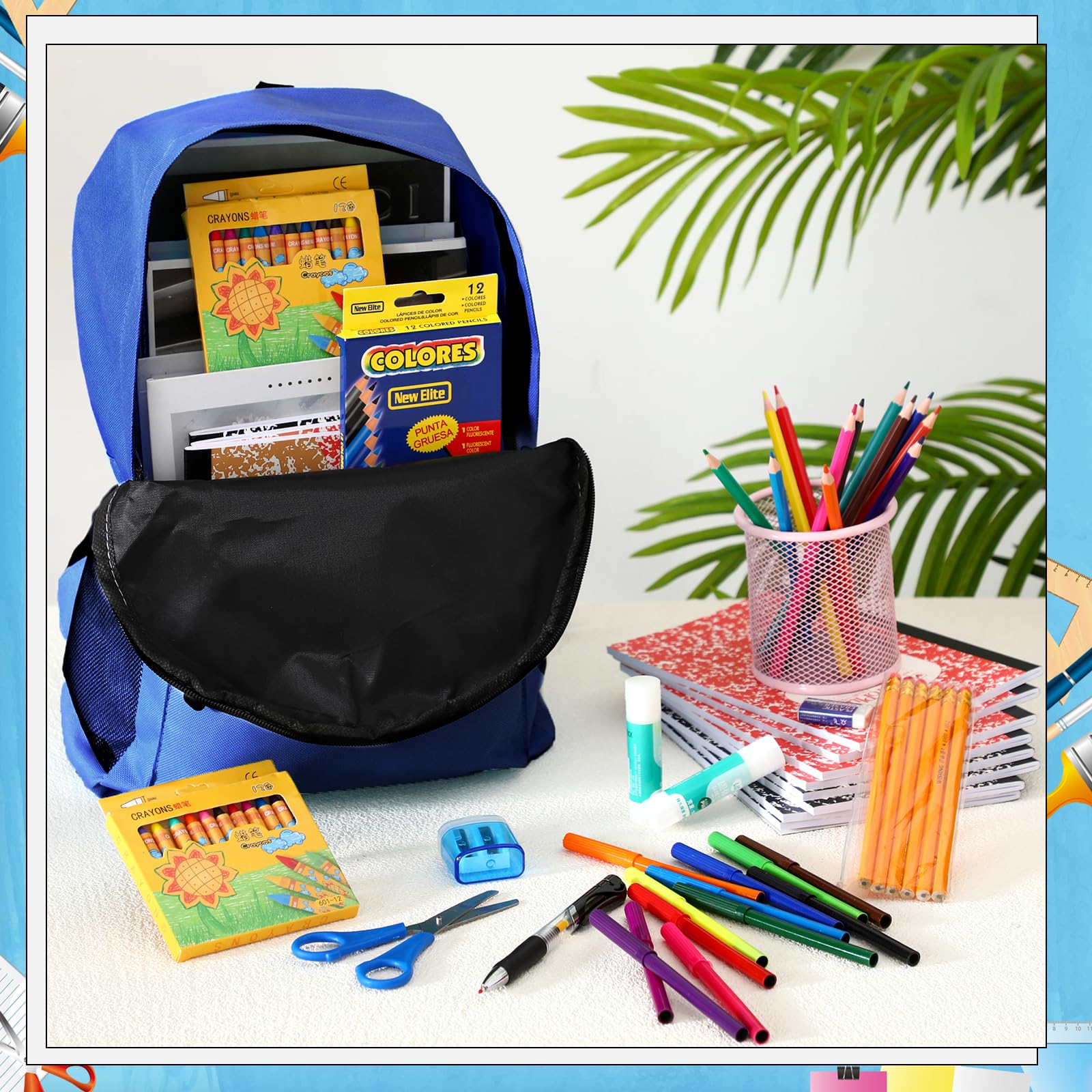Gilprop Set di 4 articoli essenziali per il rientro a scuola, include astuccio per la scuola, penna gel, matite colorate, pastelli, matite, quaderni, temperamatite, forbici, colla, gomma, astuccio per