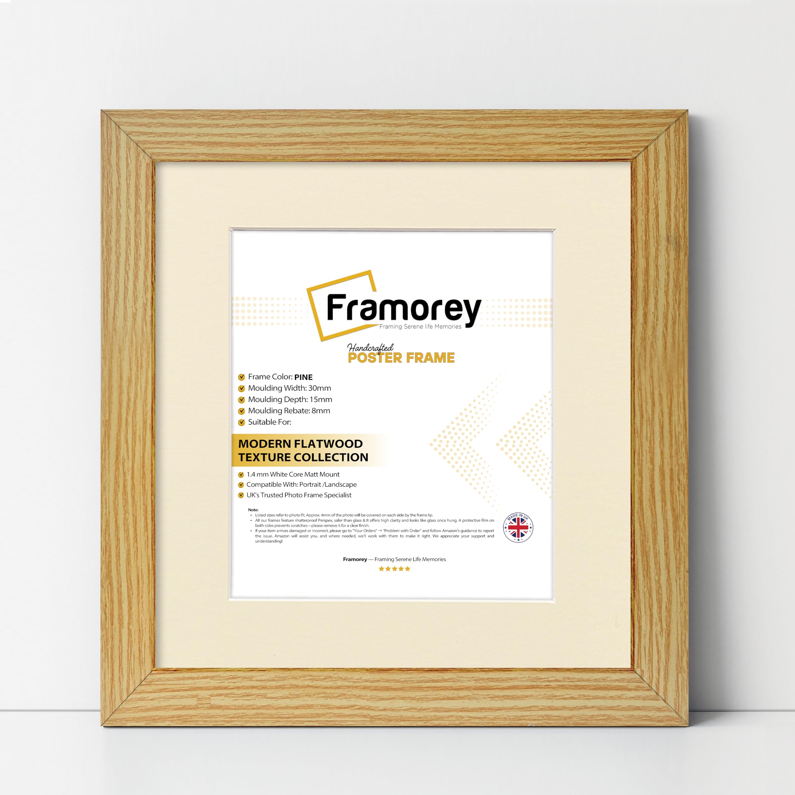 FRAMOREY Square Oxford Flat Wooden Effect Picture Frame, 30x30CM Size Pine Photo Frame With 25x25CM Size Ivory Mount, Photo Print Frame, Best Photo Frames For Birthday Gift
