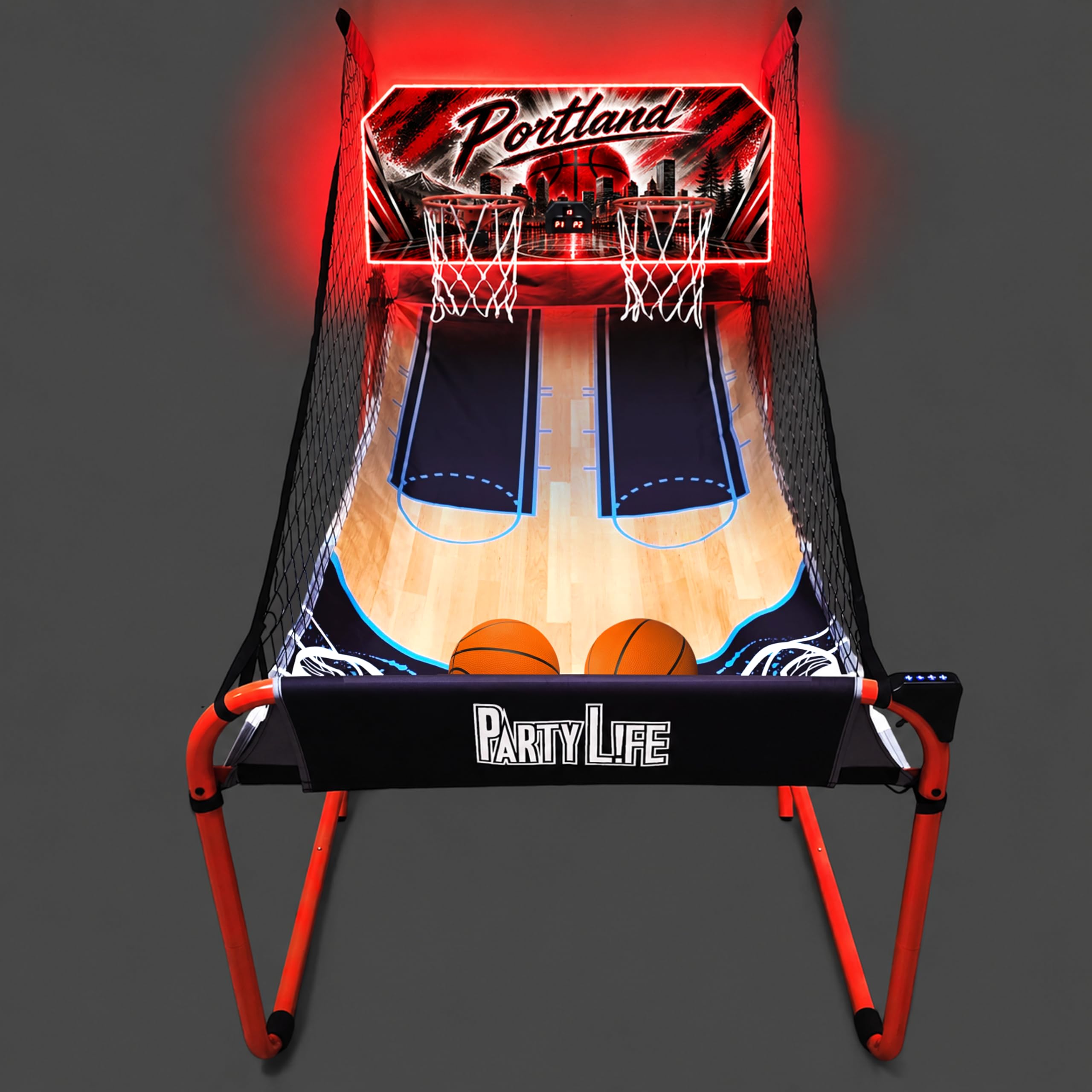 PartyLife 2-Player Basketball Arcade Game w/LED Lights | Electronic Scoring | 5 Balls, 1 Pump, 8 Games | Folding Design | Heavy-Duty Steel Frame