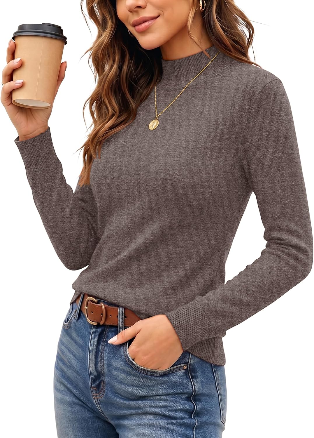 LOMON Women Mock Neck Sweater Long Sleeve Knit Pullover Soft Casual Tops