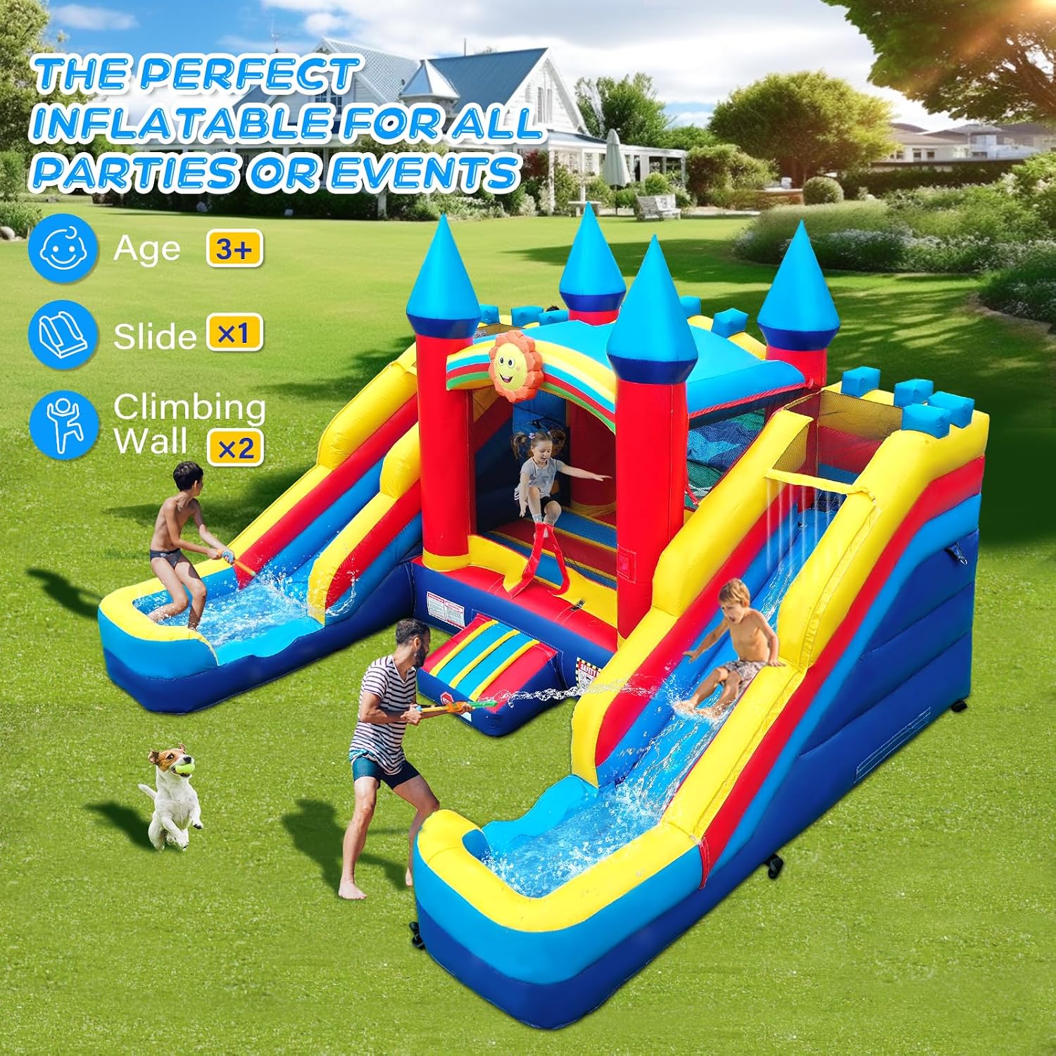 JOYMOR Commercial Grade Water Slide Bounce House with Double Water Slides for Adults and Kids, 100% PVC Vinyl Bouncy Castle for Kids Outdoor Party w/Repairing Kit and Storage Bag (Include Blower)