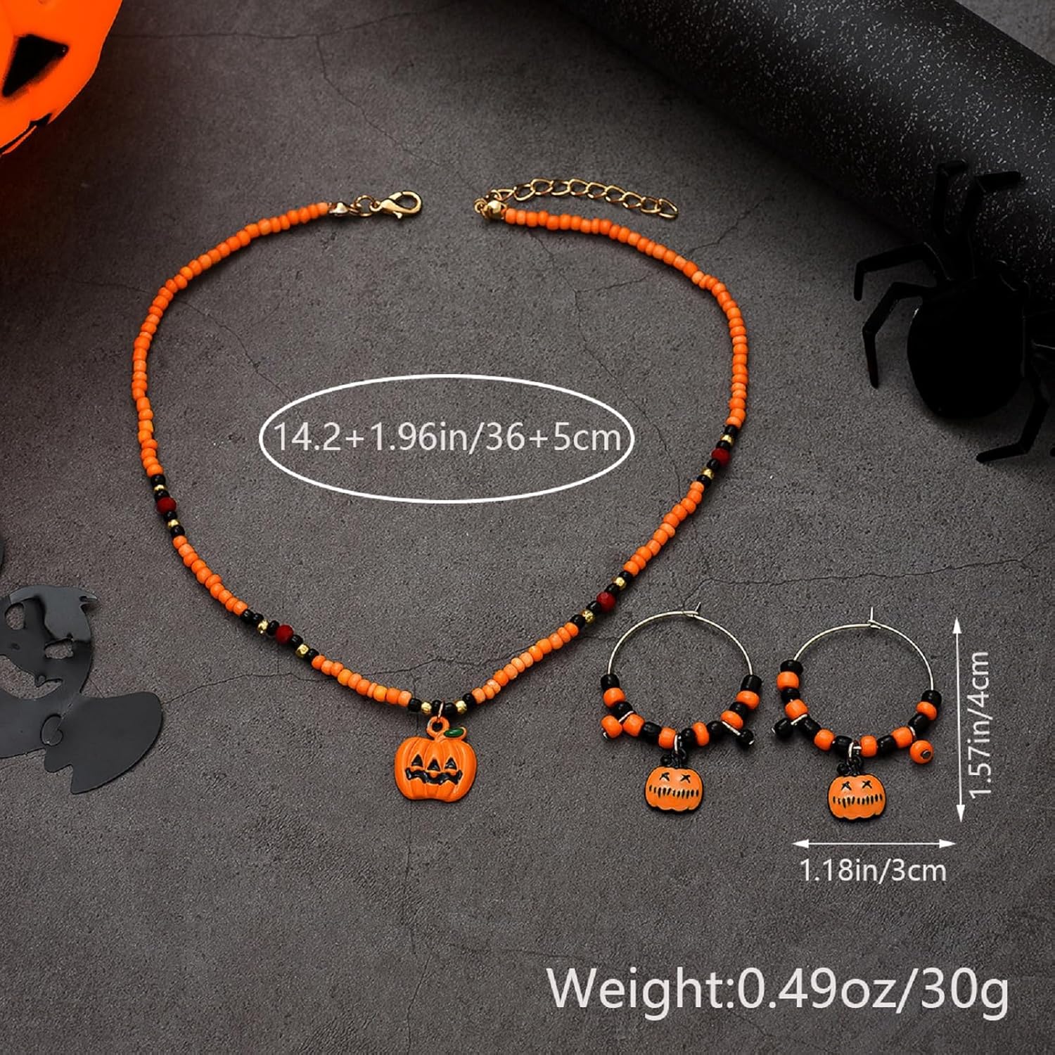 WETMT Halloween Pumpkin Jewelry Set for Women Pumpkin Beaded Necklace Pumpkin Beaded Hoop Earrings Pumpkin Rhinestone Drop Earrings Halloween Party Jewelry Set - Image 4