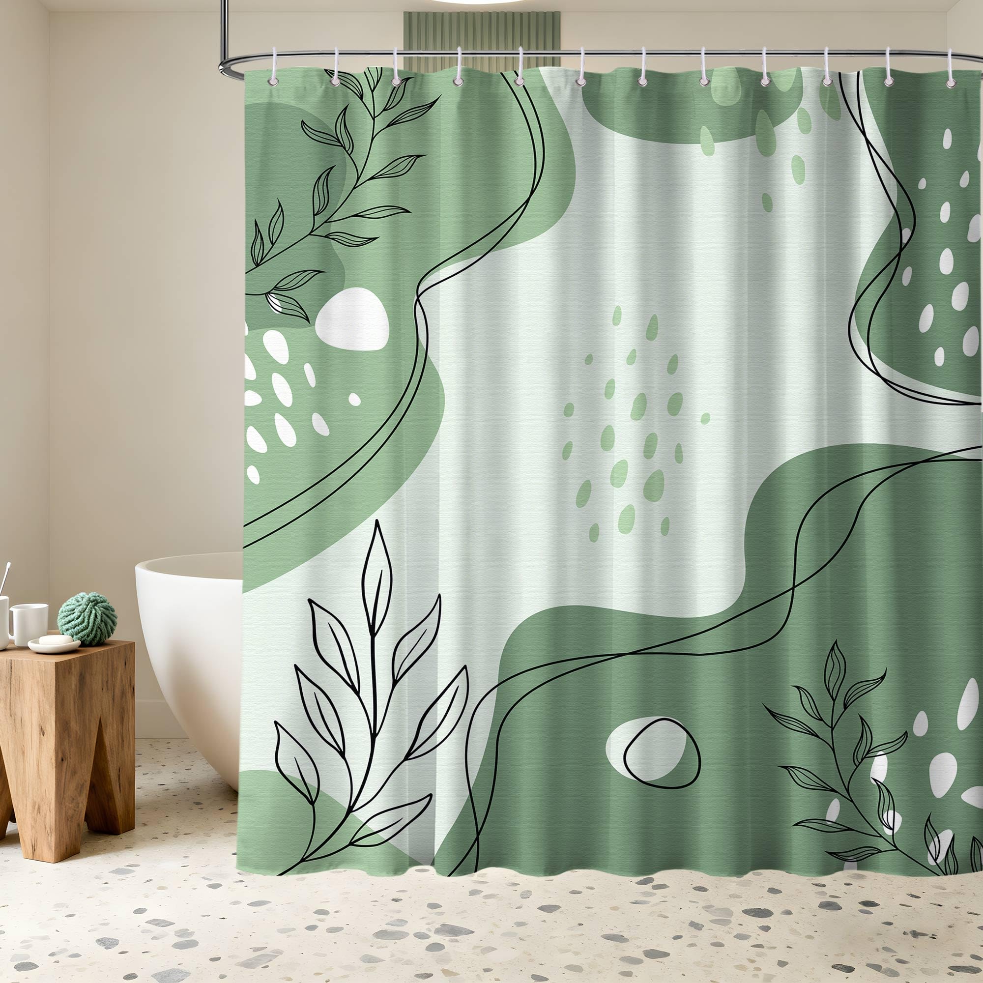 LanZanthic Sage Green Shower Curtains for Bathroom Light Green and White Wet Room Shower Curtain with hooks, Mould Proof Resistant, Waterproof, Washable, Fabric, 180 x 180 cm