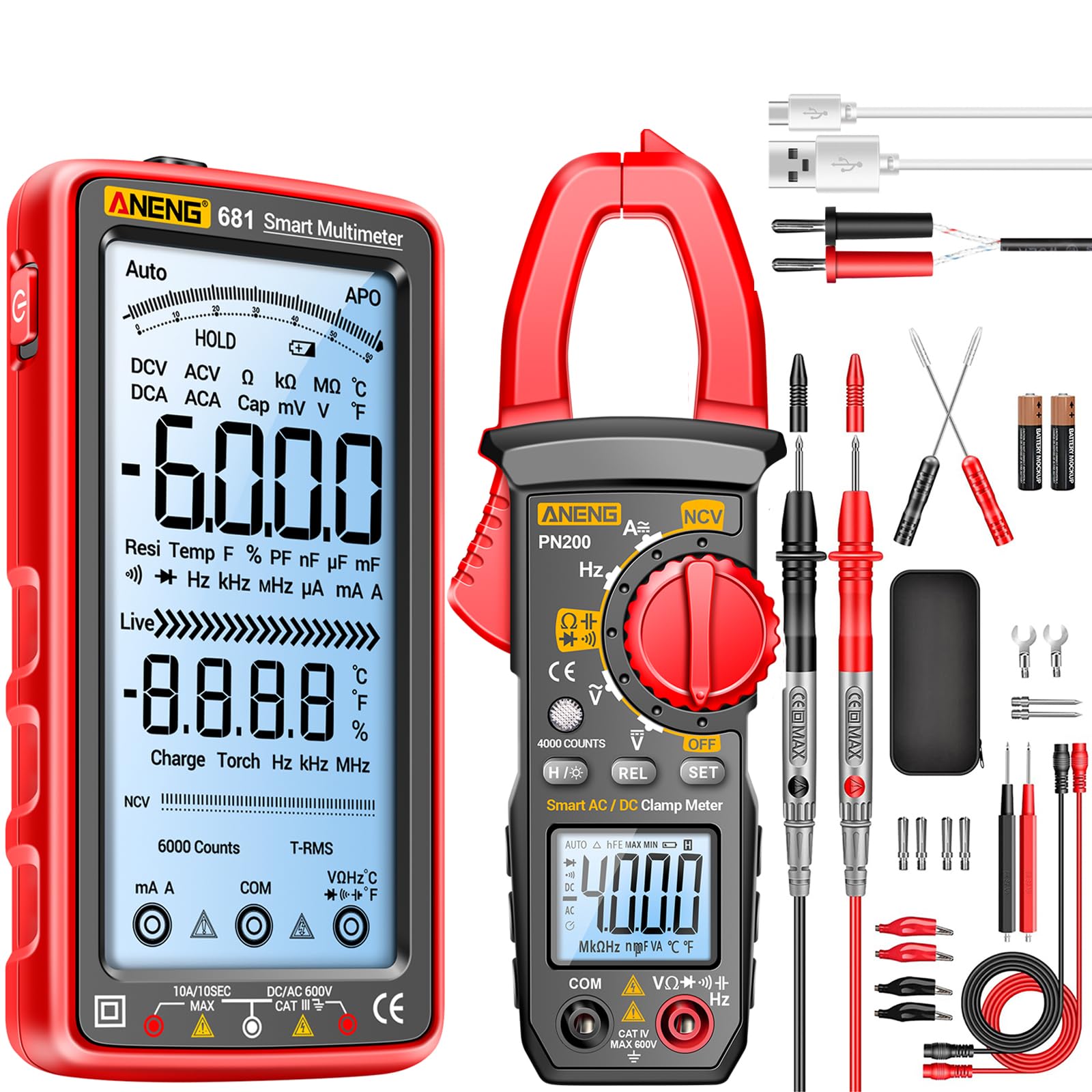 ANENG Multimeter with Stromzange Set,TRMS Auto Ranging Strommesszange NCV,Gleich/Wechsel strom,AC/DC Spannung,Widerstand,Dioden,Durchgangsprüfung,Kapazität