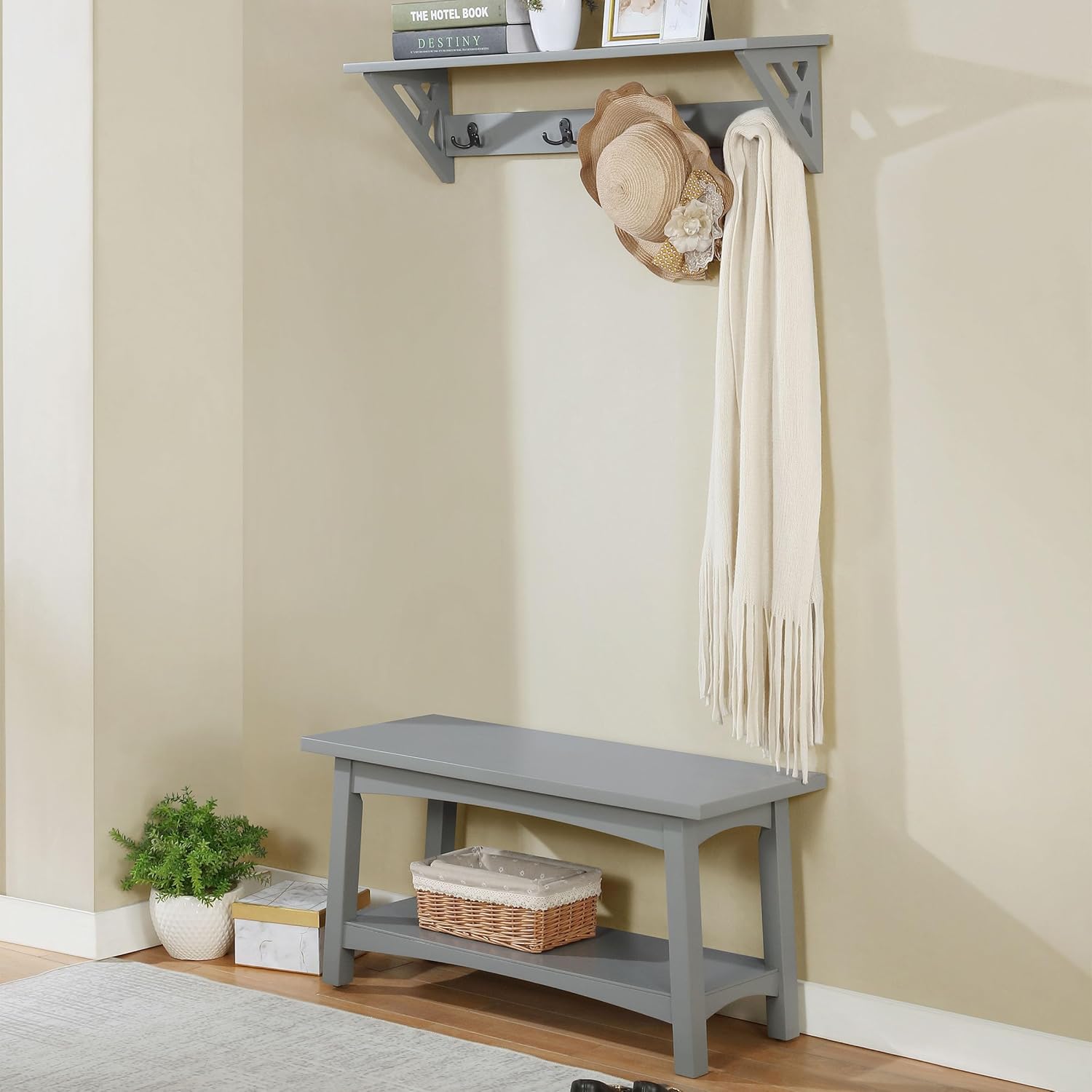 Craftsbury 36" Gray Wood Entryway Bench with Storage Shelf