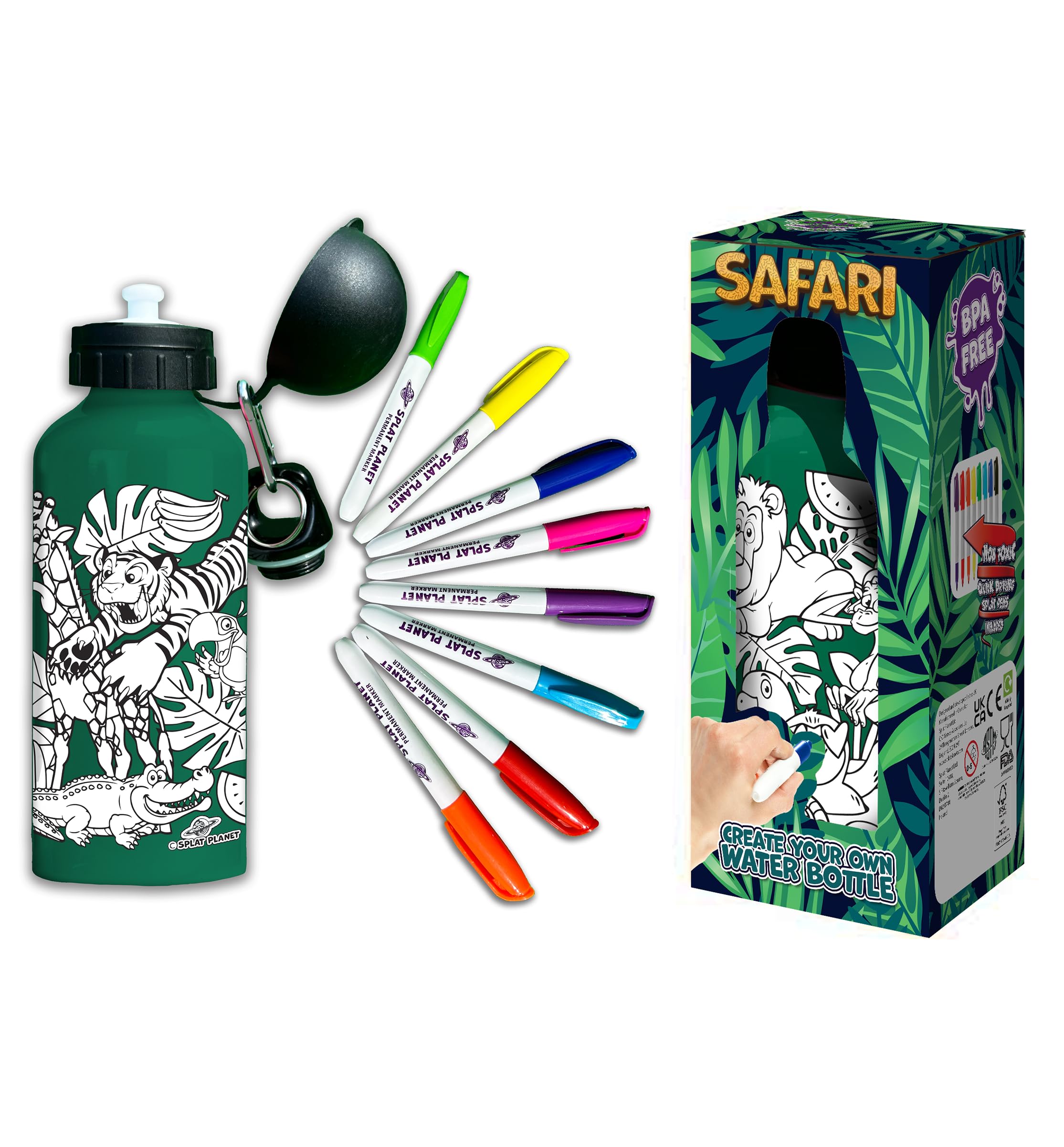 Splat Planet Décore ta propre Gourde, colorie-la ! Cadeau Pour Enfants, Gourde 600 ml (Safari)