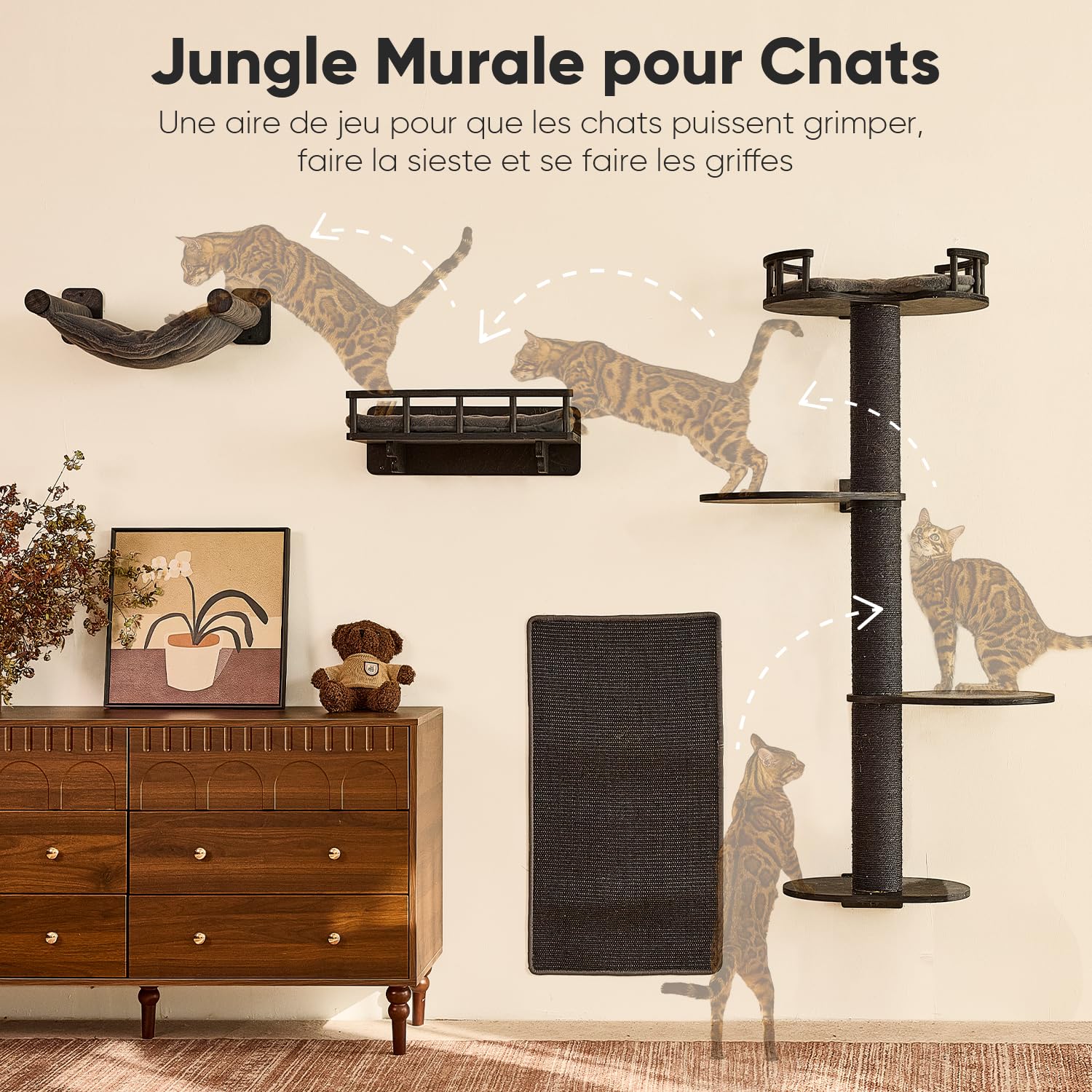 FUKUMARU Étagères Murales pour Chat, Ensemble 4 en 1 de Mobilier Mural Stable en Bois, Arbre à Grimper avec Hamac, Lit, Perchoir et Tapis à Gratter, Noir