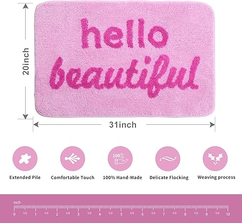 Miniatura 3 de Alfombra de baño Hello Beautiful con texto en inglés You Look Good, bonita y divertida, color rosa intenso, alfombra de baño preparada,