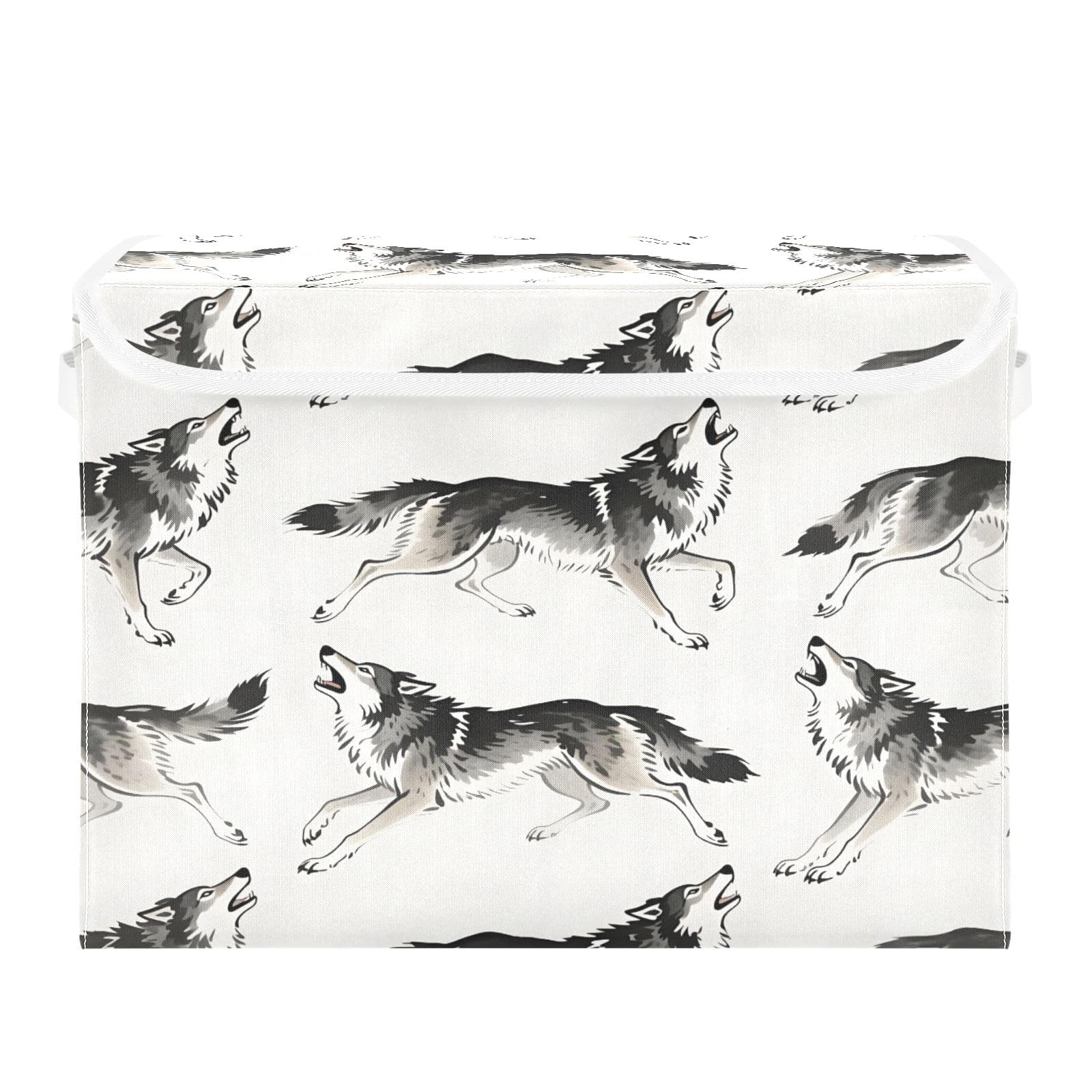 Ewusp Wolf Fabric Storage Bin with Lid, Decorative Foldable Storage Basket with Handles, Stackable Closet Shelf Organiser Box for Clothes, Books, Bedroom, Living Room