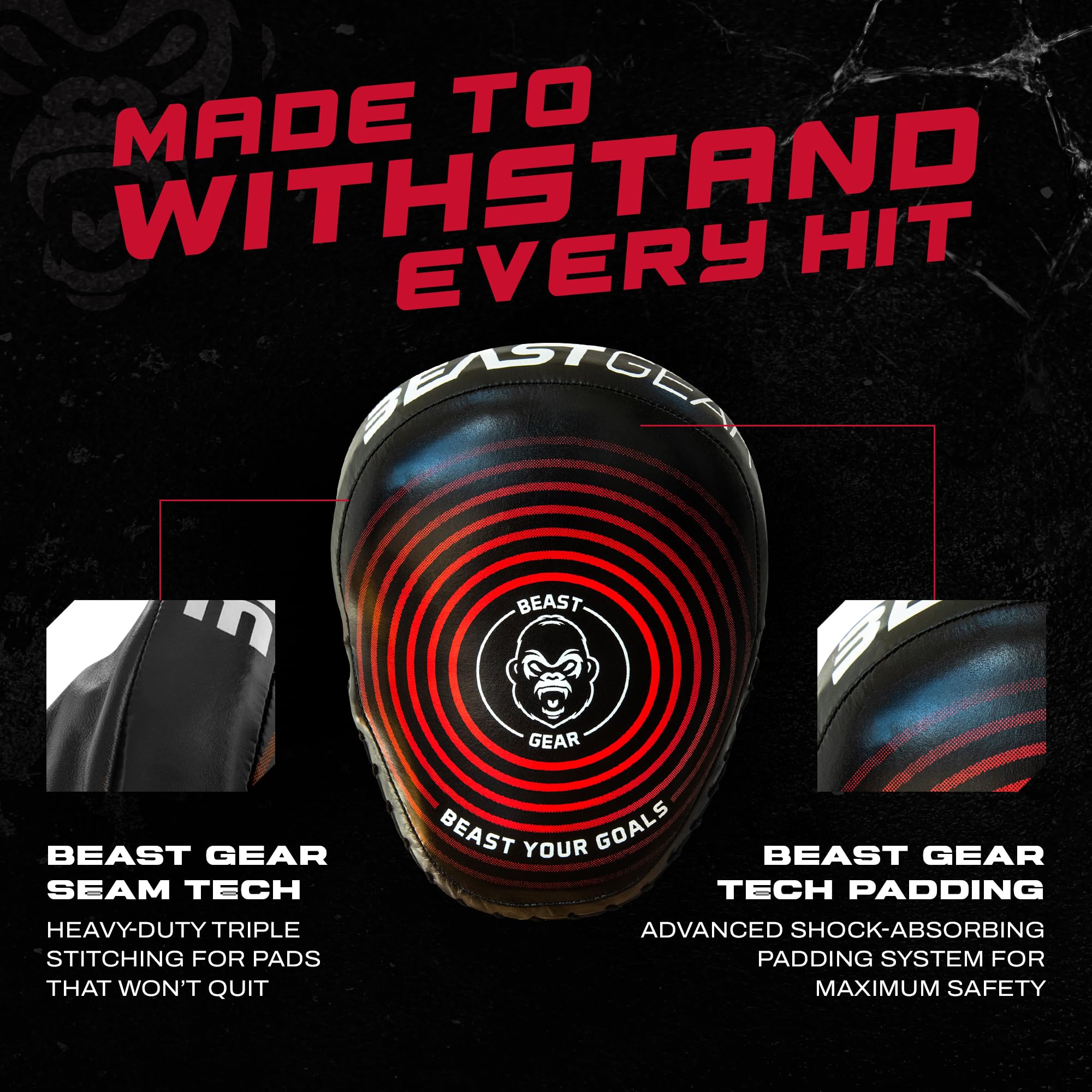 Beast Gear Almohadillas de boxeo de piel de vaca auténtica, diseño curvado con soporte de muñeca para MMA, Kickboxing y Muay Thai