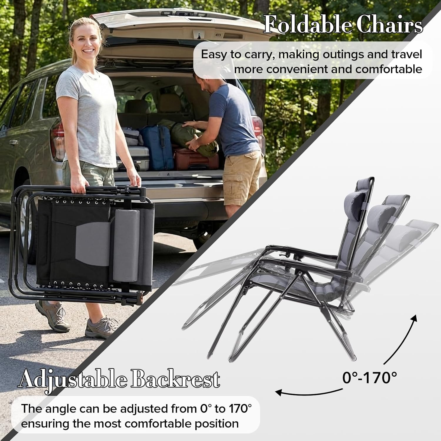NEWBULIG Padded Zero Gravity Chair, Foldable Outdoor Lounge Chair for Patio, Camping & Backyard, Portable Anti-Gravity Recliner, Adjustable Locking, Removable Tray, 330 lbs Capacity, Black & Grey