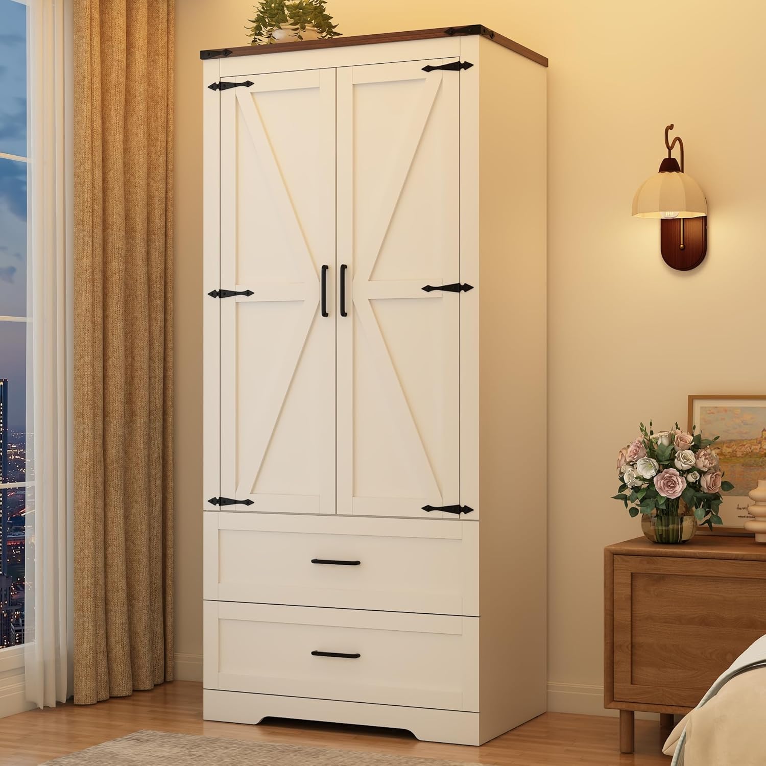 St.Mandyu Farmhouse Wardrobe Armoire Closet with 2 Doors and 2 Drawers, 70.1" Wooden Clothing Storage Cabinet, Freestanding Large Capacity Storage Wardrobe Armoire with Hanging Rod for Bedroom, Brown