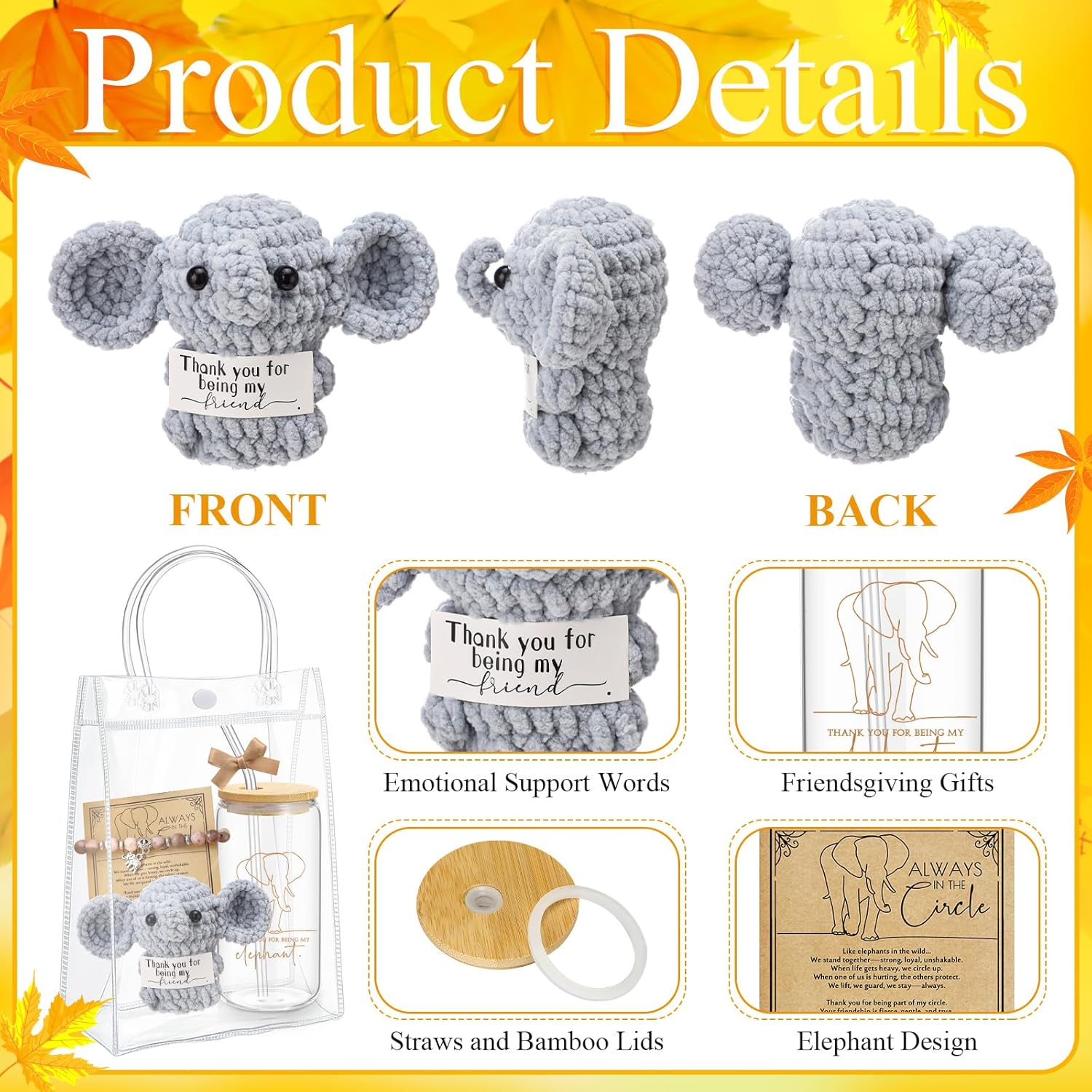Roshtia 36 Pcs Elephant Friendship Gifts for Women Elephant Tumbler Support Doll Natural Stone Bracelet with Ribbon Cards Bags for Party Favor