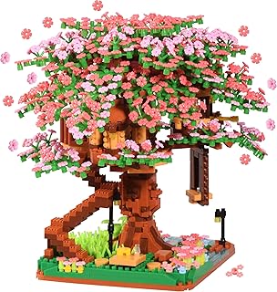 Japanese Cherry Blossom Tree Building Block Set Teen Age 14+, Sakura Flowers Botanicals Micro Blocks for Adults, Japan Bonsia Treehouse Gift 2028PCS, Dark Pink