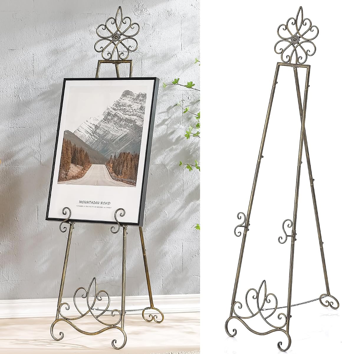 63” Vintage Heavy Duty Adjustable Metal Easel Stand for Signs | Large Floor Standing Easel for Wedding Signs, Posters & Display with Chain Support
