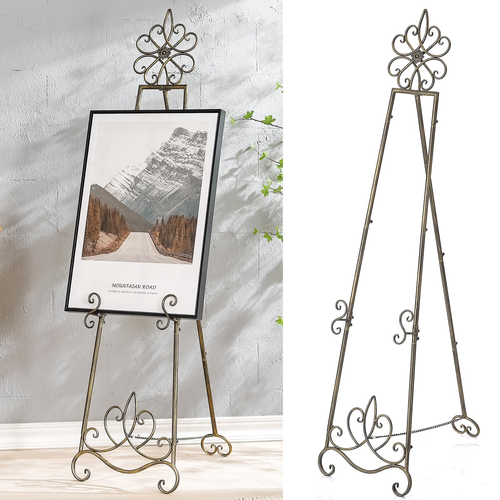Photo 1 of ***MISSING LEG*** 
63” Vintage Metal Easel Stand for Signs – Large Adjustable Heavy Duty Floor Standing Easel for Wedding Signs, Posters & Display with Chain Support