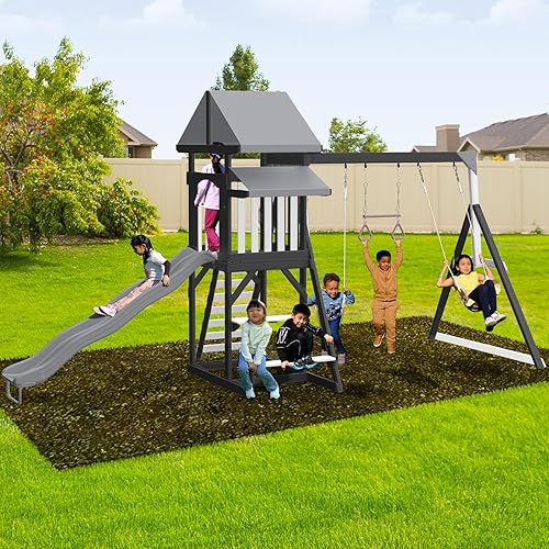 Conjunto de Columpios de Madera Sportspower Roswell: Fuerte de Juego, Banco con Mesa, Caja de Arena, Trapecio y Tobogán de 8 Pies - Negro, Verde y