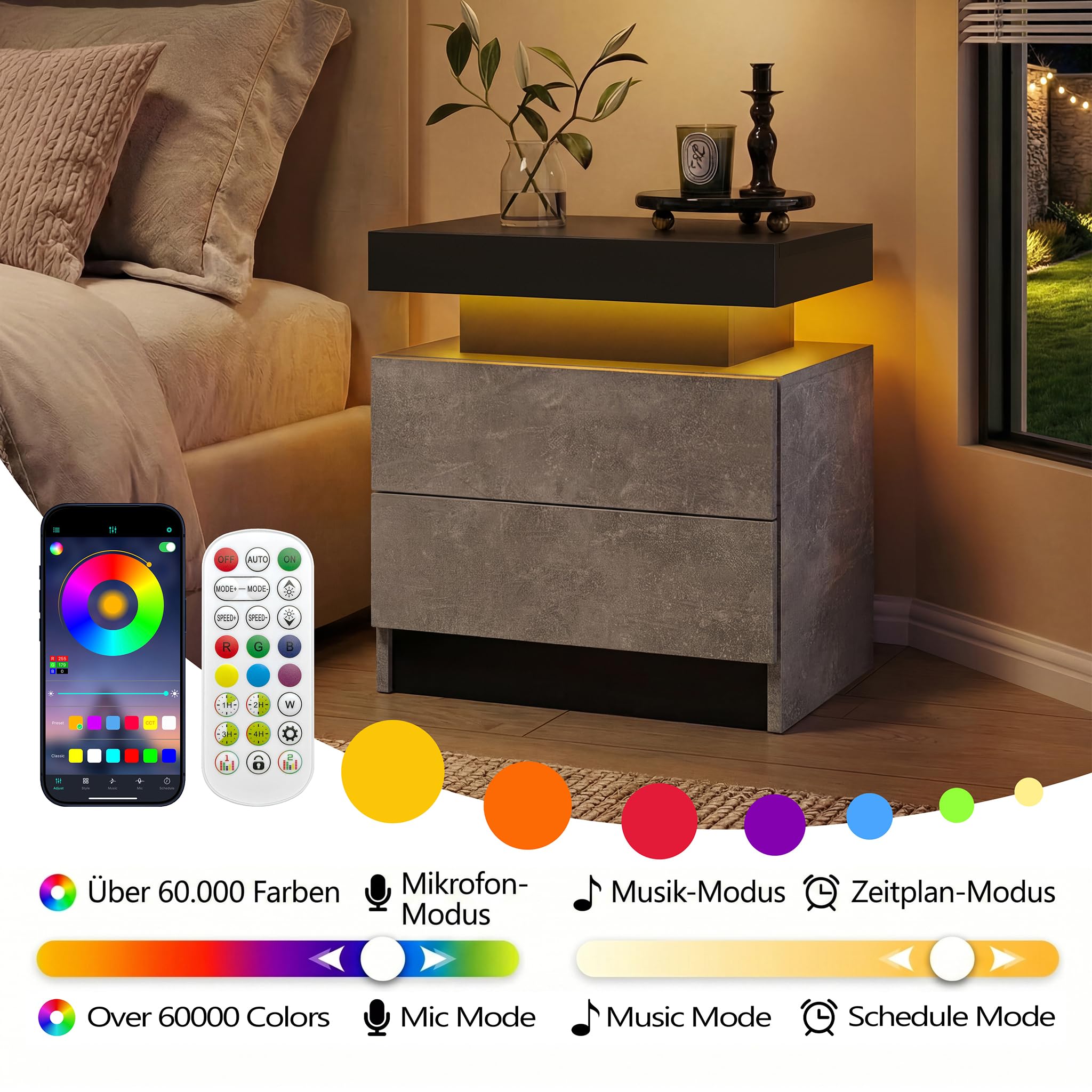 Cubehom LED Nachttisch Nachtschrank mit Led Licht, Modern Nachtkommode mit 2 Schubladen für Wohnzimmer, Schlafzimmer (Grauschwarz, 2)