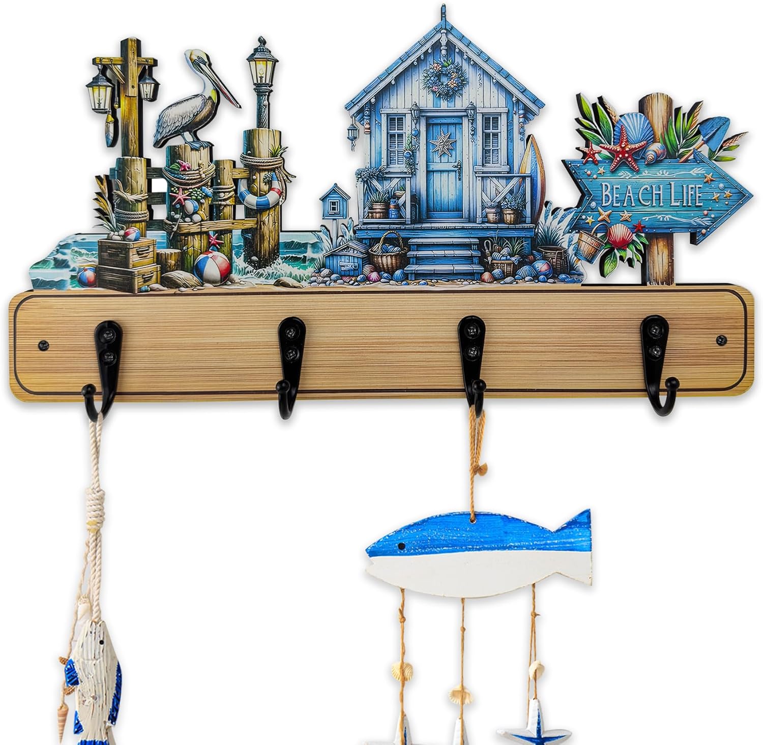 13.8”Long Coastal Beach Cabin Theme Coat Rack with 4 Hooks Cute Wooden Wall Mounted Hanger Kids Coat Towel Backpack Rack Wall Mount Hooks