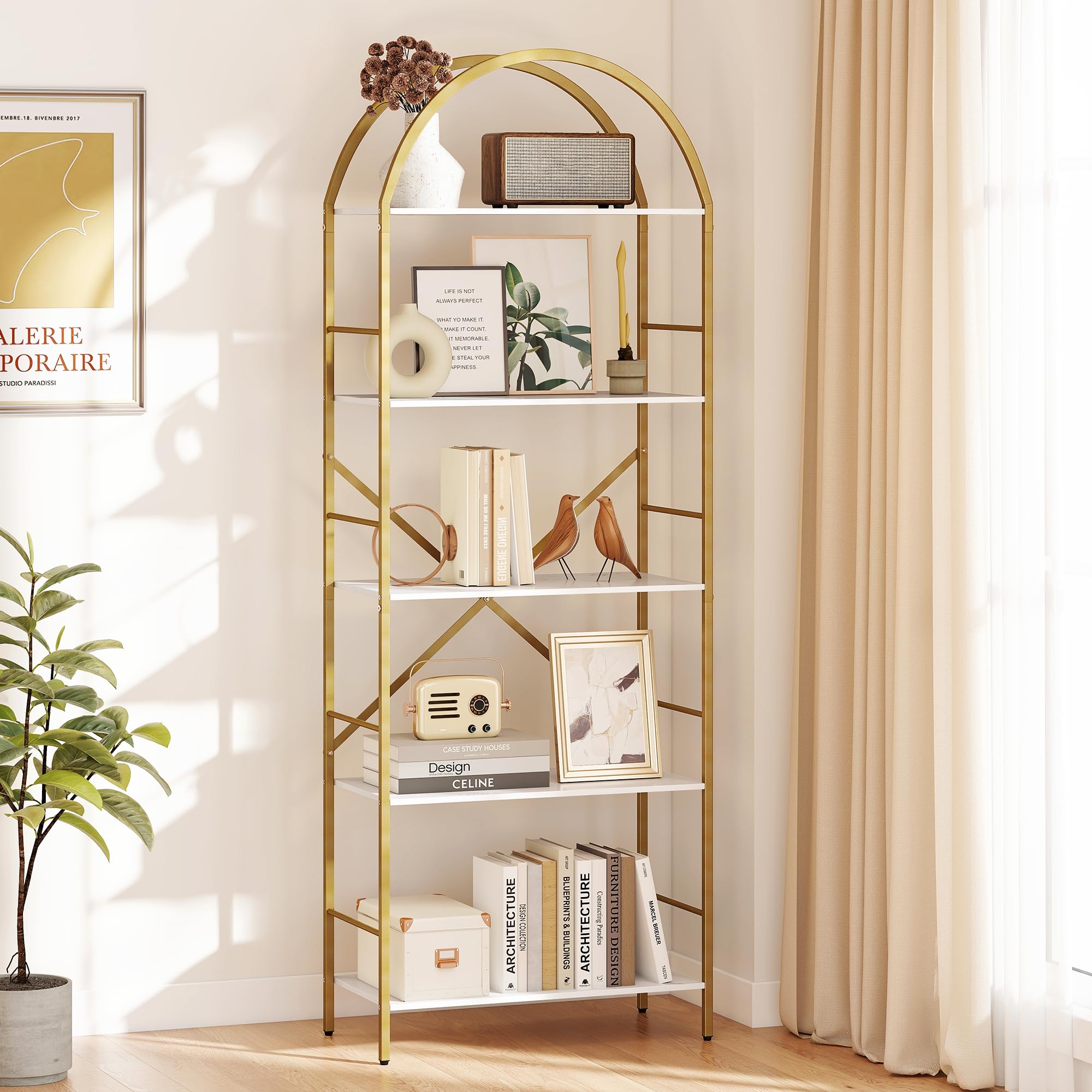 Turosur 5 Tier Bookshelf Gold, 66.14 Inches Tall Arched Bookcase, Wide Storage Bookshelves with 4 Hooks, Stand Display Shelf for Living Room, Home