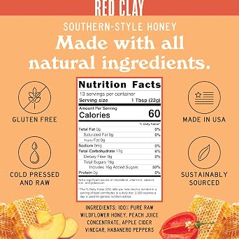 Hot Spicy Peach Honey by Red Clay Hot Sauce, Gluten Free, Paleo Friendly, Raw Wildflower Honey Infused with Real Peach Juice and Habanero Peppers, Sustainably Sourced, Medium Heat, Made in USA, 9 oz