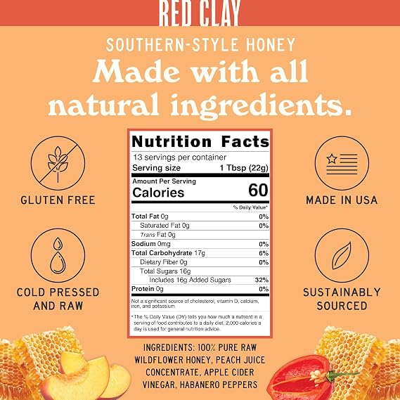 Hot Spicy Peach Honey by Red Clay Hot Sauce, Gluten Free, Paleo Friendly, Raw Wildflower Honey Infused with Real Peach Juice and Habanero Peppers, Sustainably Sourced, Medium Heat, Made in USA, 9 oz
