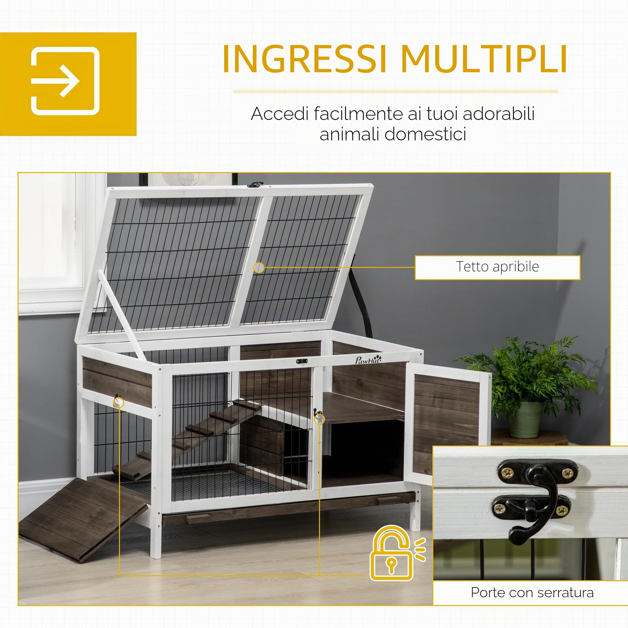 PawHut Gabbia per conigli da interno, con 1 vassoio rimovibile, 2 porte con serratura, 1 scaletta in legno per 1 o 2 conigli, 90 x 53 x 87 cm, caffè