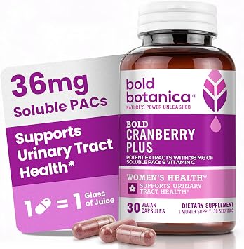 Bold Cranberry Plus Extract - 100% Soluble 36mg PACs - Cranberry Supplement for Women & Men with Urinary Tract Support, Non-GMO Vitamin C 1 Caps = 1 Glass Juice 30 Vegan Capsules, 1 Month Supply