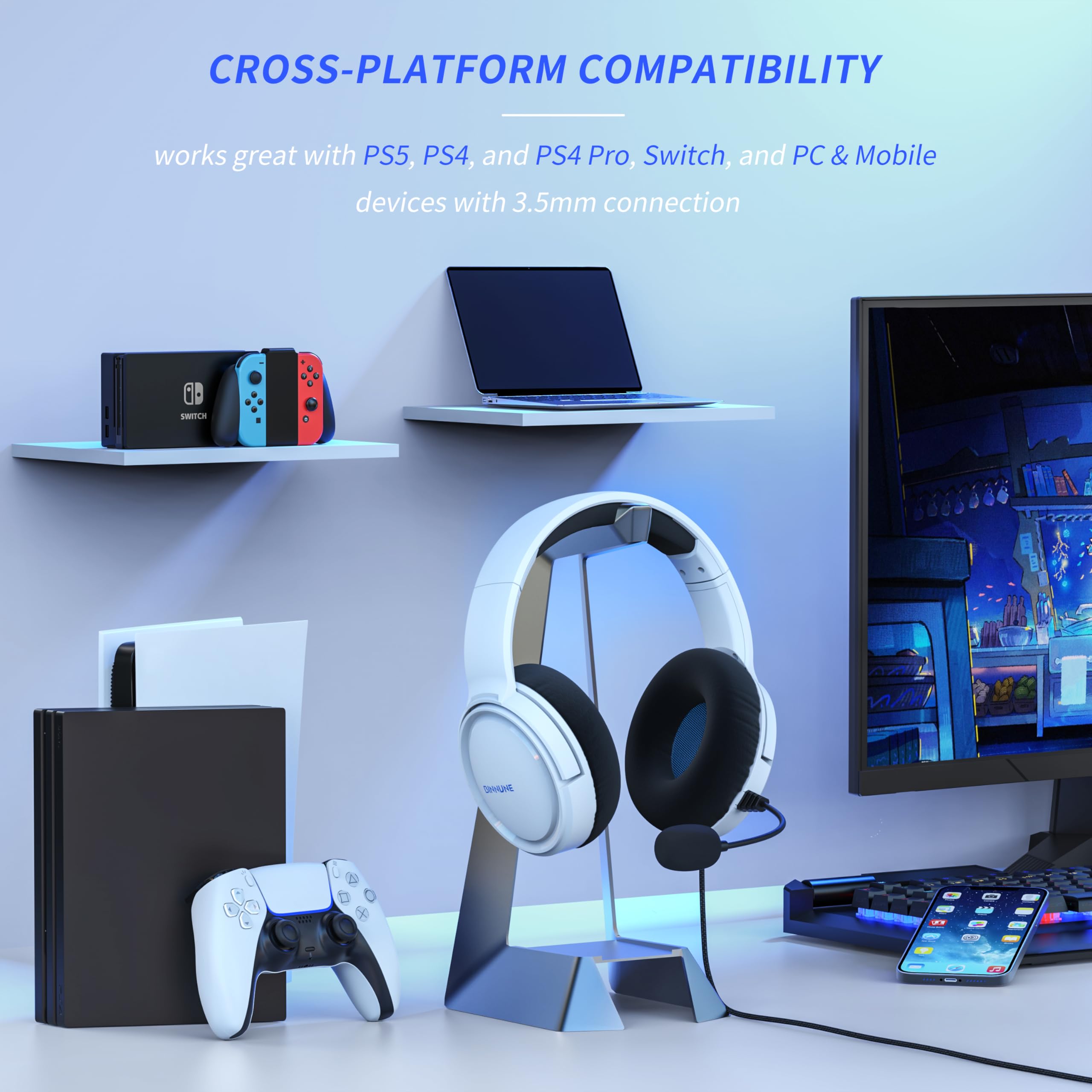 BINNUNE BG02 Gaming Headset für PS4, PS5, PC, Nintendo Switch, Xbox, Headset mit Mikrofon, Gaming Kopfhörer mit Mikrofon, Noise Cancelling Kopfhörer mit 3.5mm Klinke Weiß