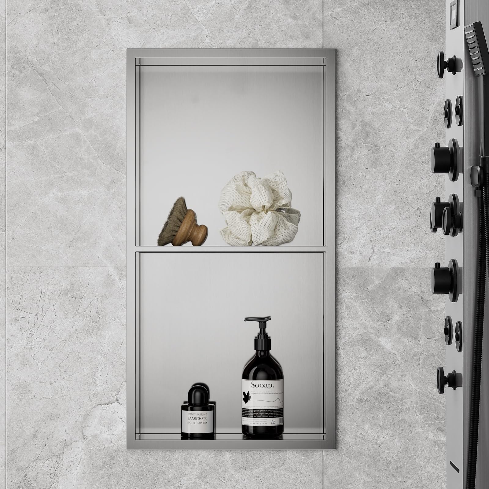 KEOKBON Stainless Steel Shower Niche Wall Insert 30x30x10 cm, 30x30x10 cm Double Niche for Bathroom Shower Storage Wall Niche, Nano Silver No Tile Shower Niche Recessed Shower Shelf