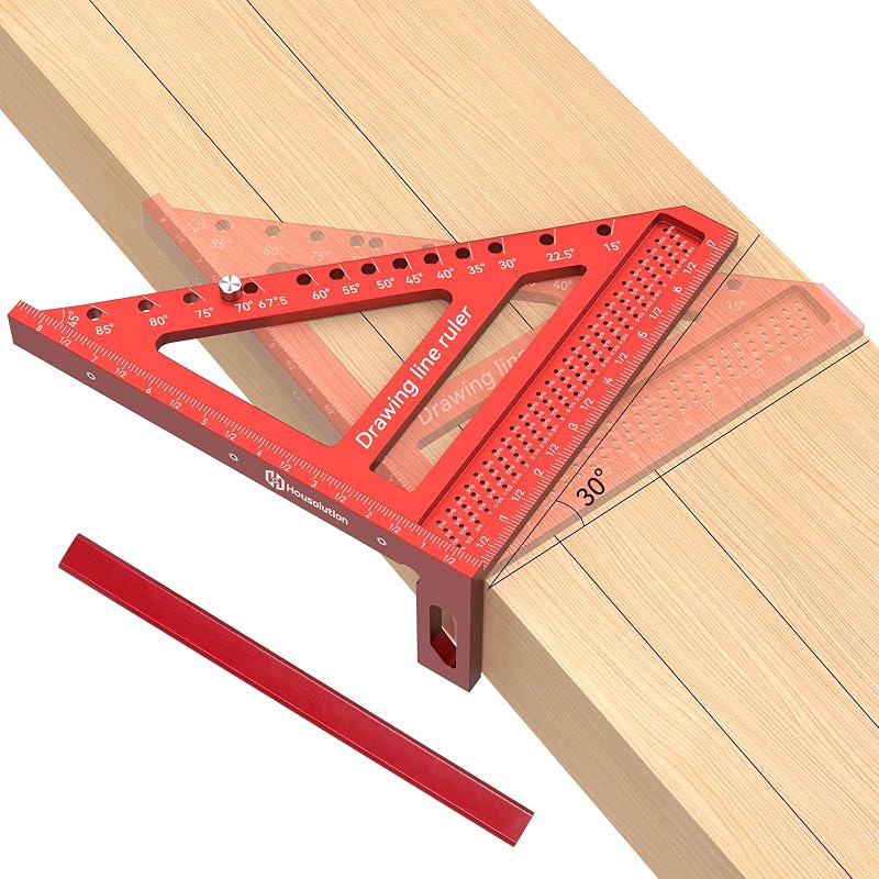 Escuadra de carpintero 3D 6 en 1 de 8,5 pulgadas (precisión de 1/16"), roja | Escuadra de carpintero de aleación de aluminio de 0-90°, línea de dibujo de transportador de carpintería, regla triangular de inglete, diseño de alta precisión
