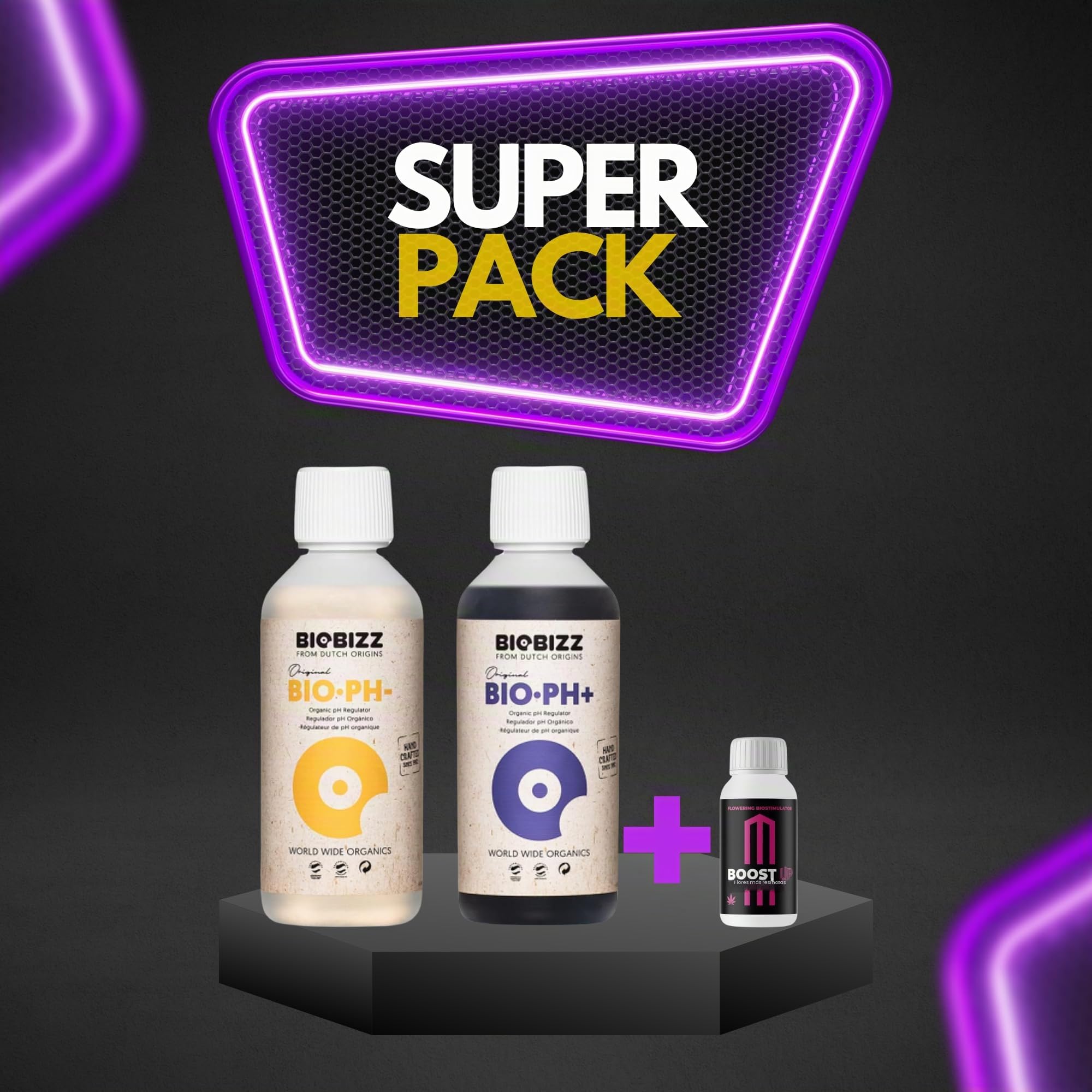 GROWMANIA Biobizz pH + Plus 250 ml + pH – Menos 250 ml líquido + Up Nutrients Boost Up + Vaso Medidor | Superpack Ph up and Ph Down and Boost | Abono elevador de pH para plantas de cultivo