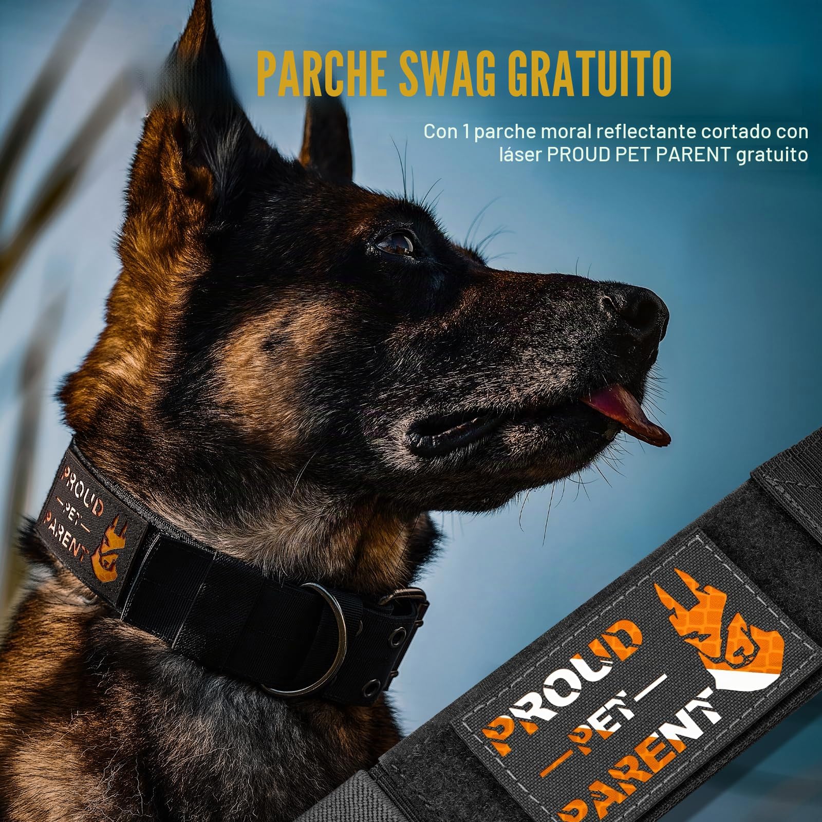 OneTigris - Collar de 5 cm de ancho para perros grandes con asa y parche, negro, L