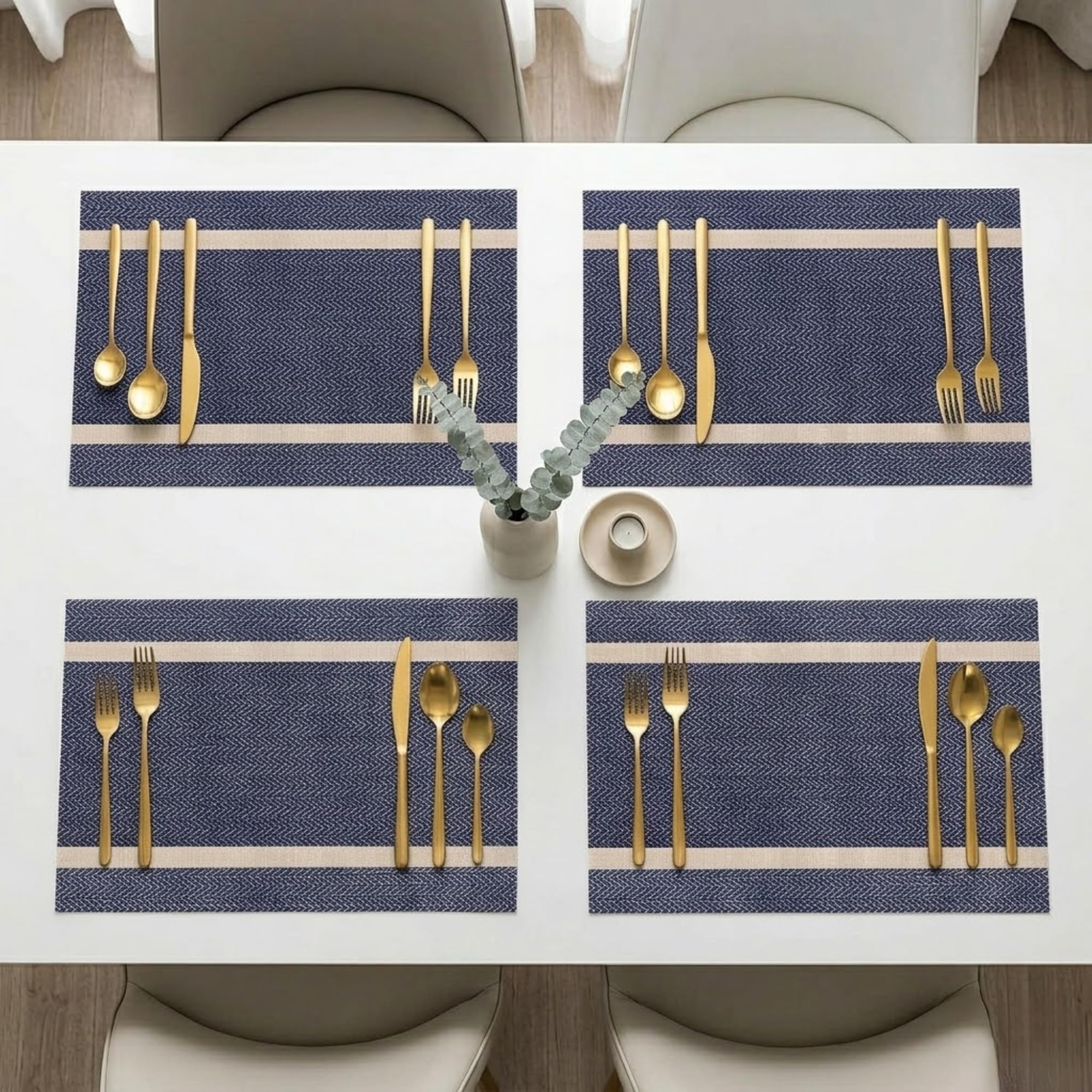 daiDokoro Rectangular Crossweave Woven PVC Vinyl Non-Slip Insulation Heat-Resistant & Waterproof Stain Resistant Washable Placemat for Dining & Kitchen Table-(Dark Blue & Gold,Set of 4)