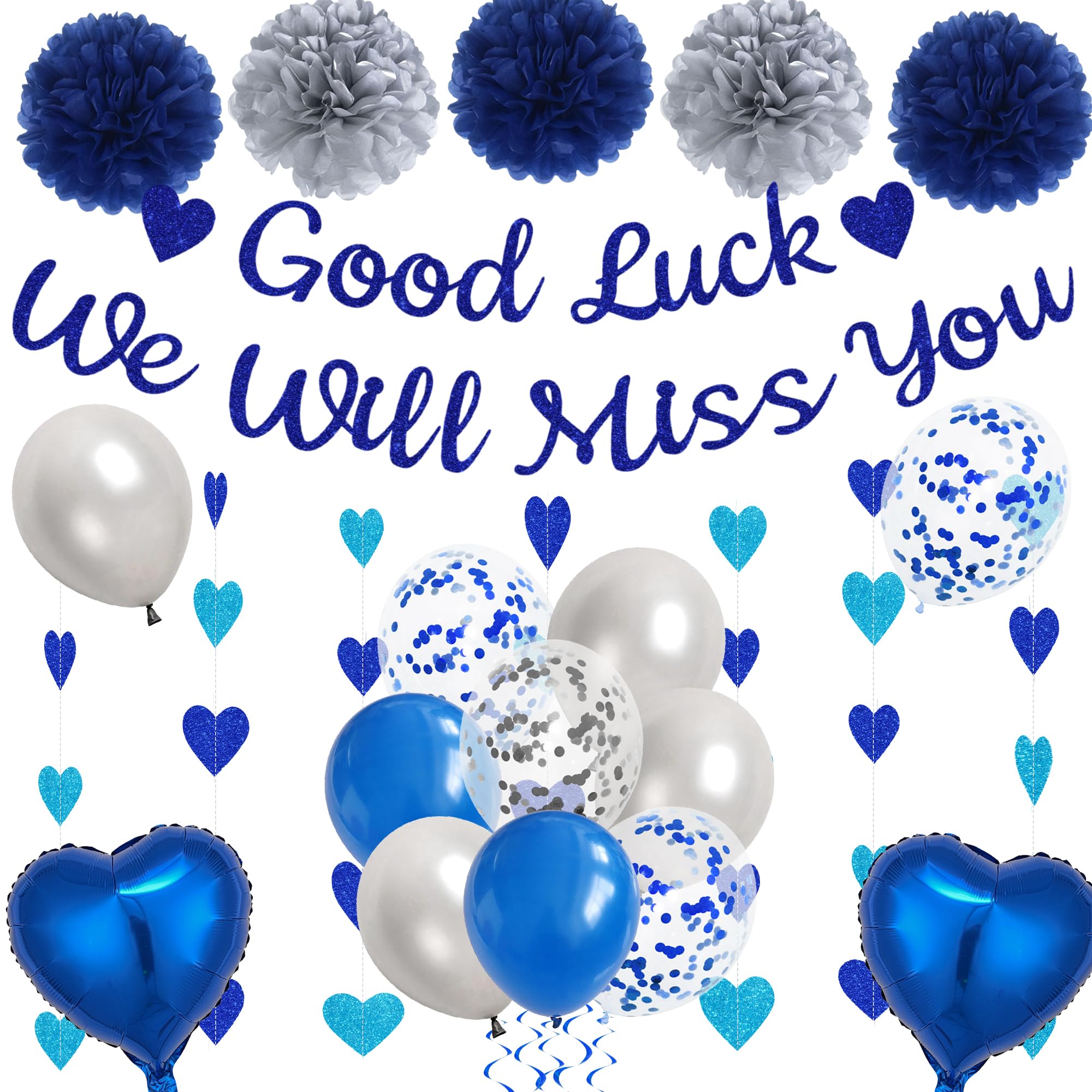 We Will Miss You Banner Decorations - Blue Silver Sorry Your Leaving Party Supplies Garland Good Luck Banners, Paper Pom Poms Balloons for Retirement Going Away Themed Party