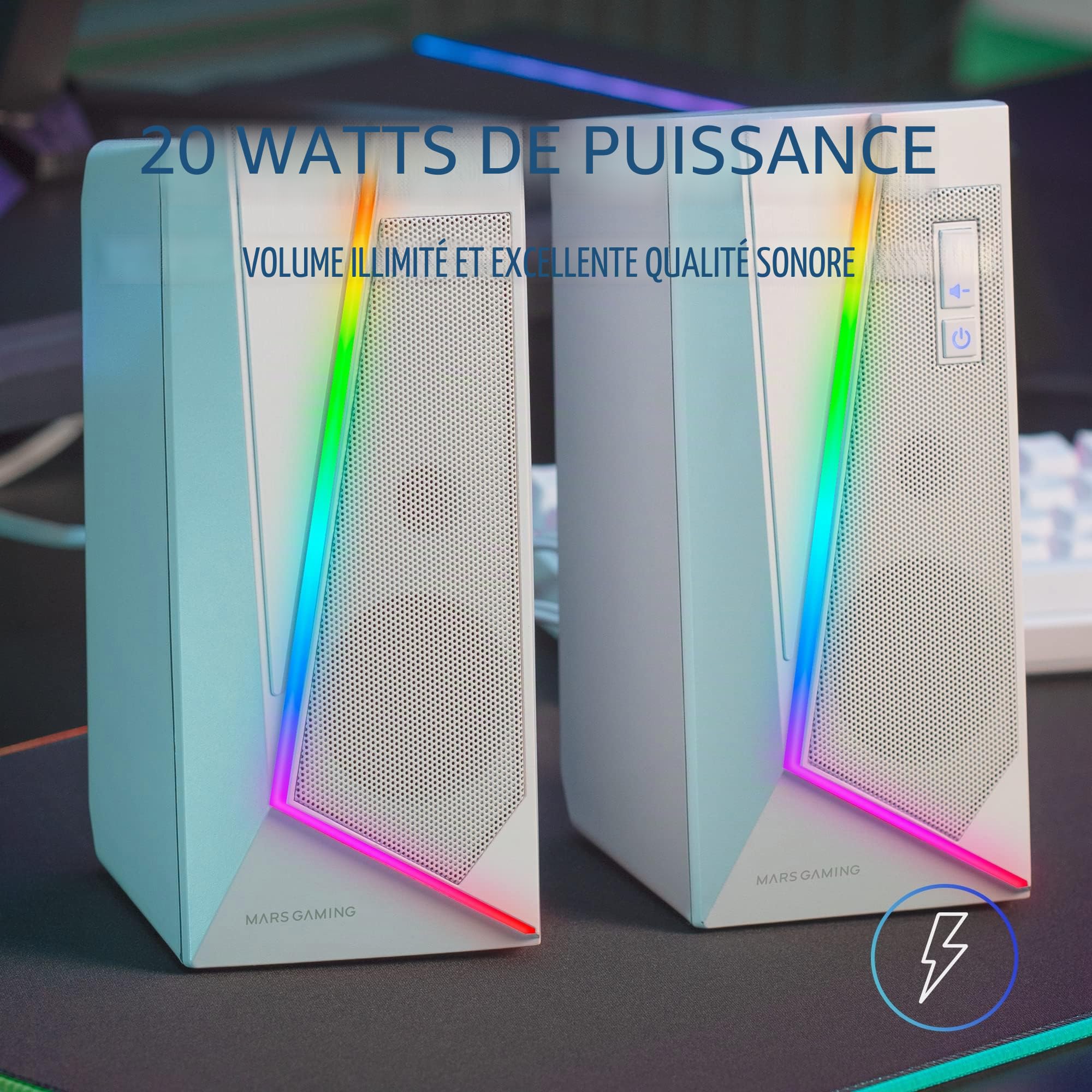 MARSGAMING Mars Gaming MSBX Blanc, Barre de Son RGB, Bluethooth 5.0 + Jack 3.5, Son DSP 10W & Mars Gaming MS7, Haut-Parleurs RGB, Bluethooth 5.0 + Jack 3.5, DSP Sound 20W, Blanc
