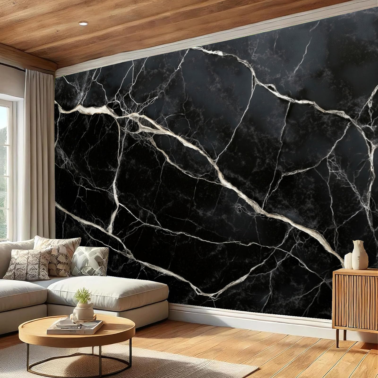SMBHIAON Abstract Marble Aesthetics Wall Mural 3D Realistic Crack Texture Wallpaper Large Black Wall Wallpaper for Living Room Bedroom 350 × 256 Cm — image 1
